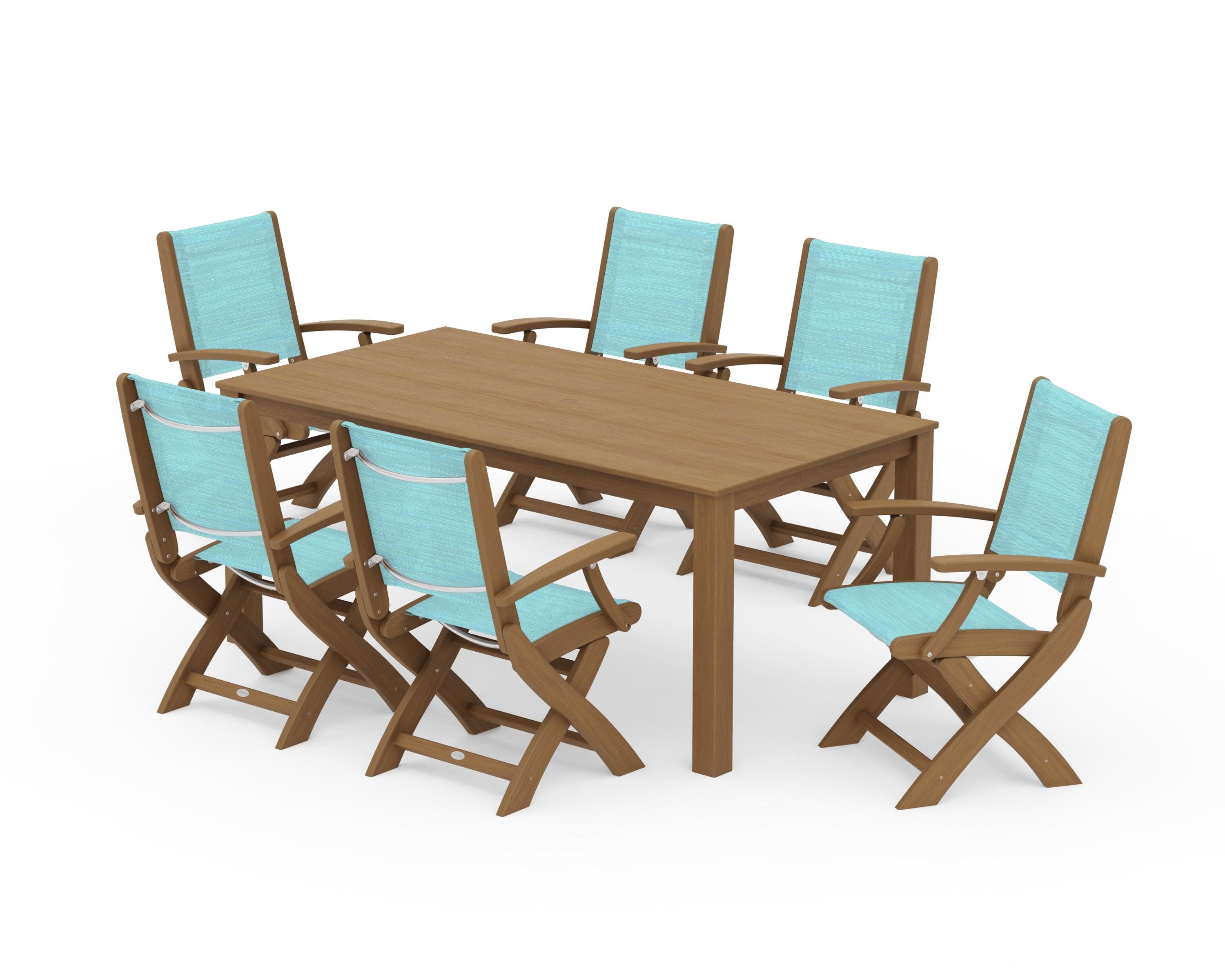 Coastal Folding Chair 7-Piece Parsons Dining Set in Natural / Dupioni Aquamarine Sling