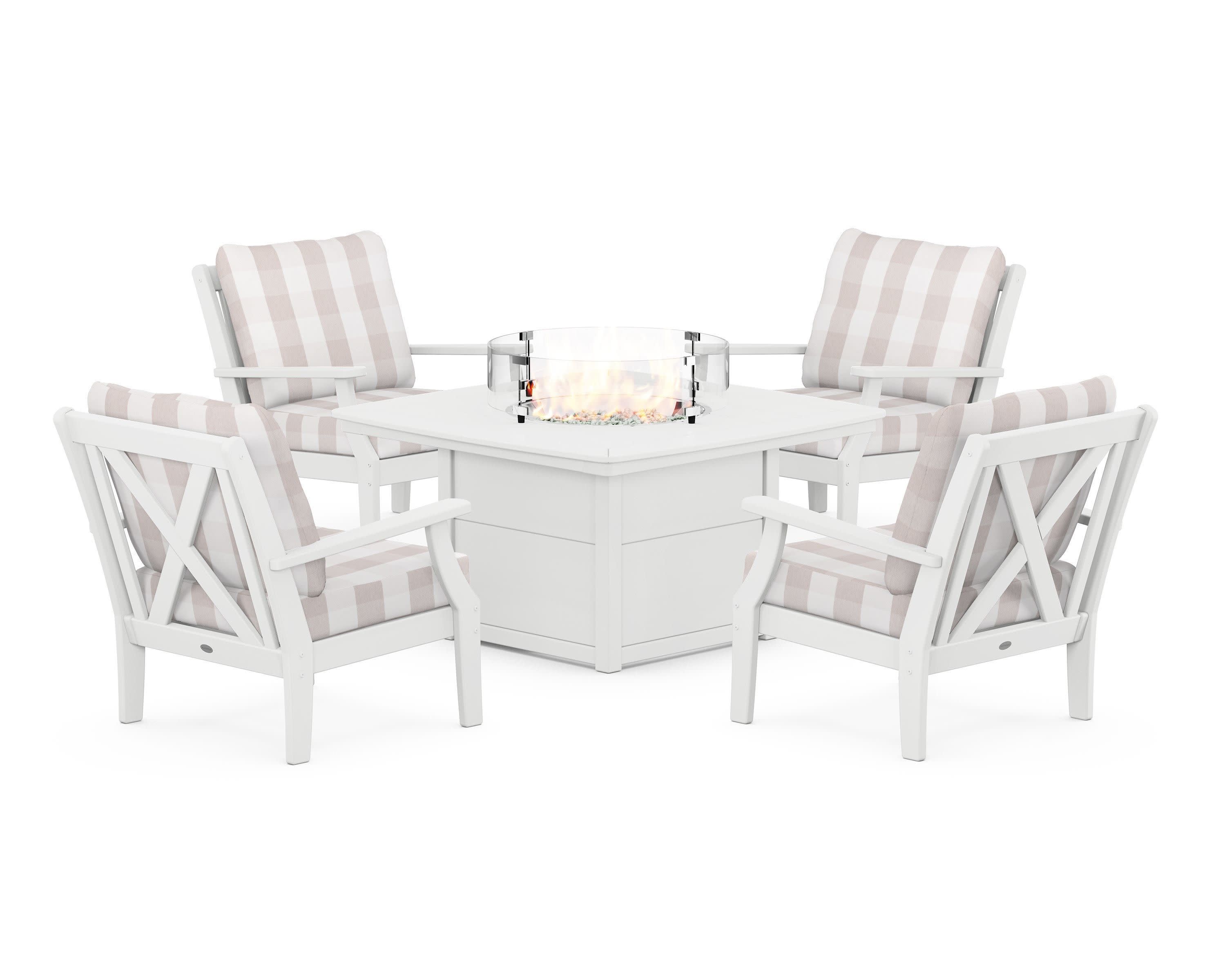 Braxton 5-Piece Deep Seating Conversation Set with Fire Pit Table in White / Buffalo Plaid Dune Burlap