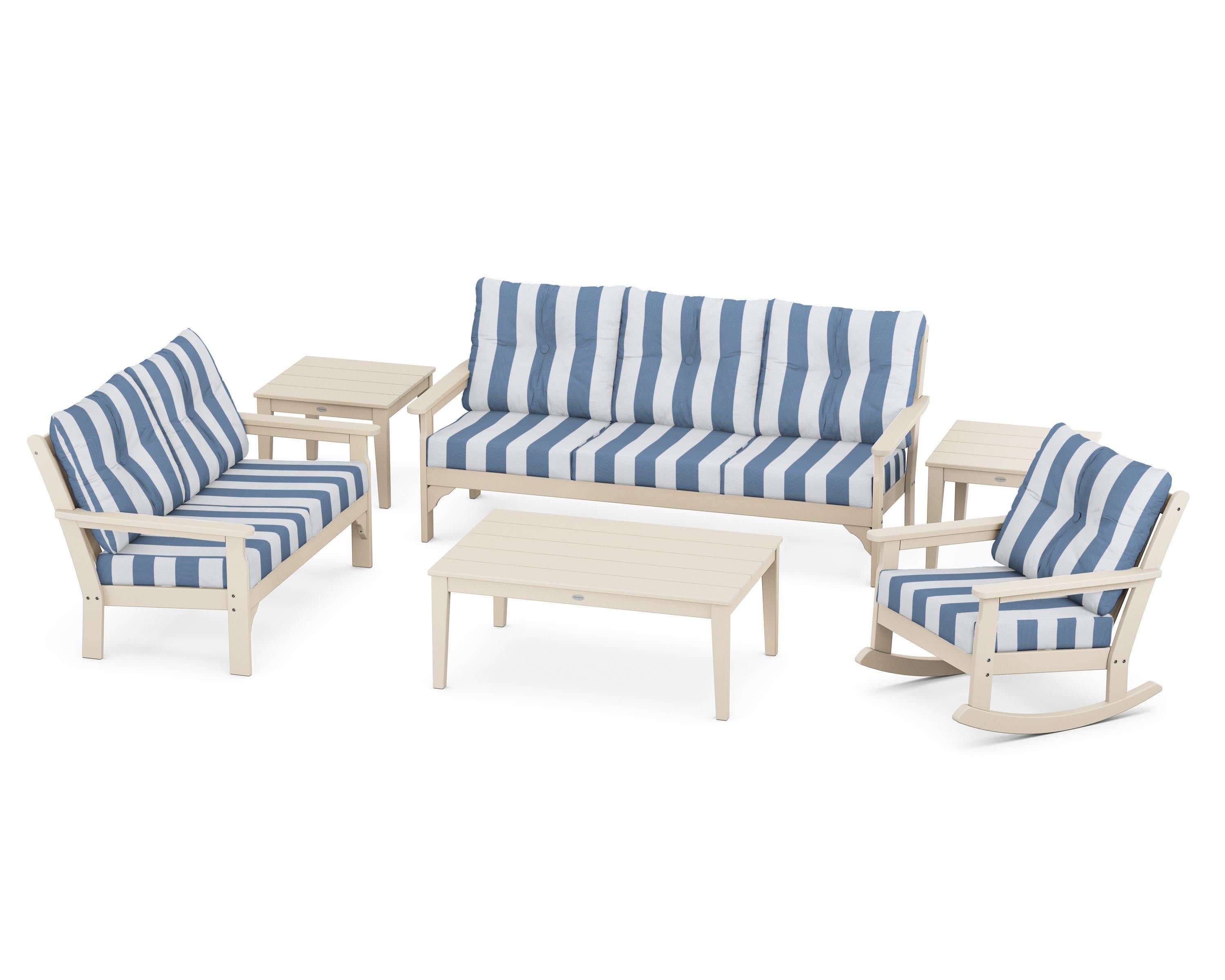 Vineyard 6-Piece Deep Seating Set in Sand / Cabana Stripe Sky Blue