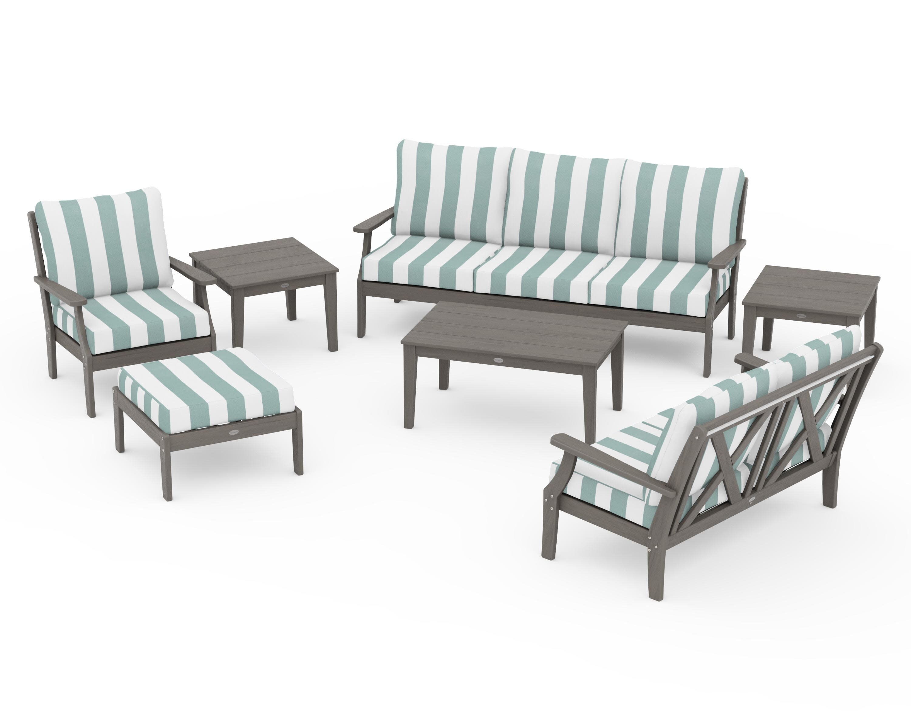 Braxton 7-Piece Deep Seating Set in Driftwood / Cabana Stripe Glacier Spa