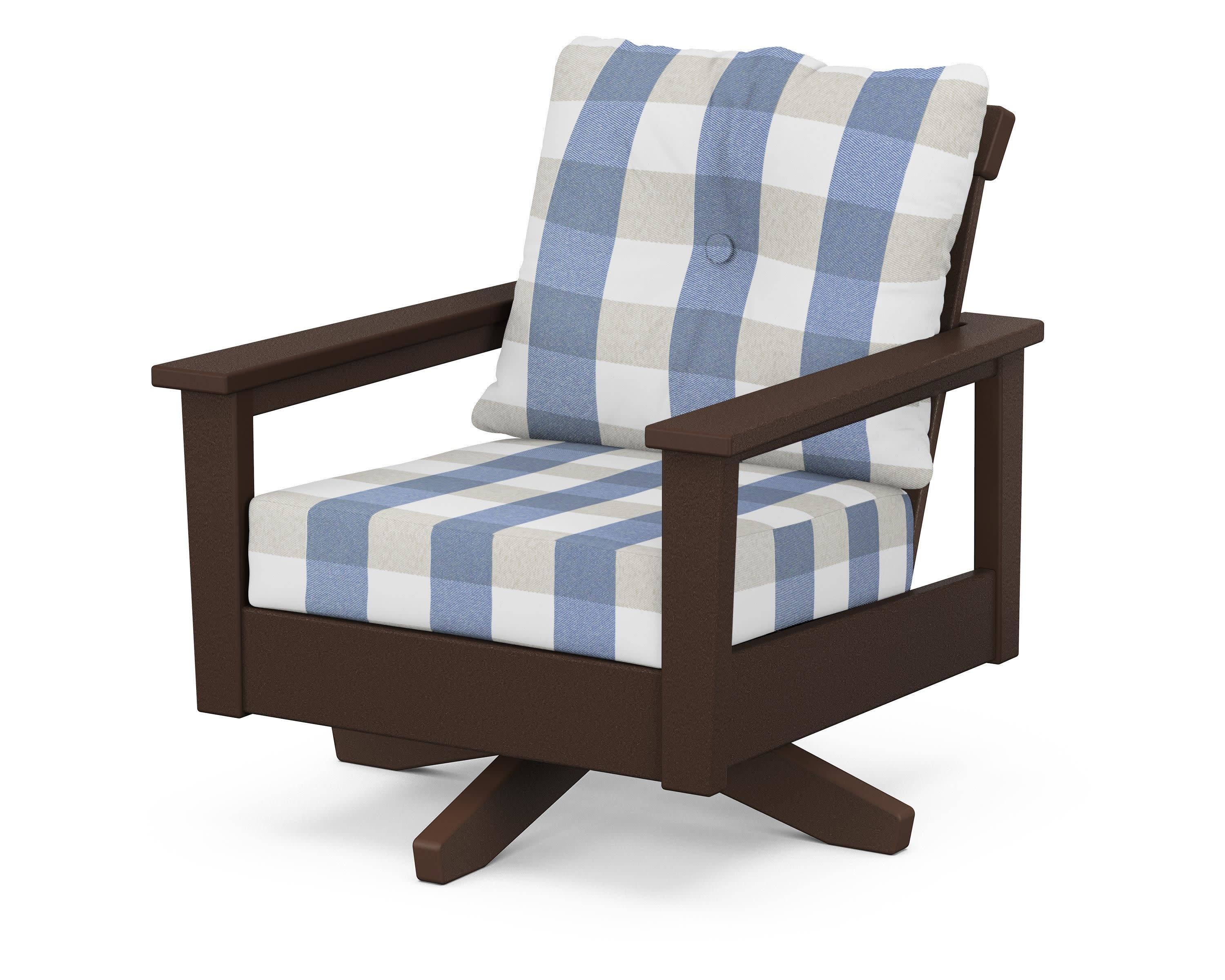 Prescott Deep Seating Swivel Chair in Mahogany / Buffalo Plaid Sky Blue