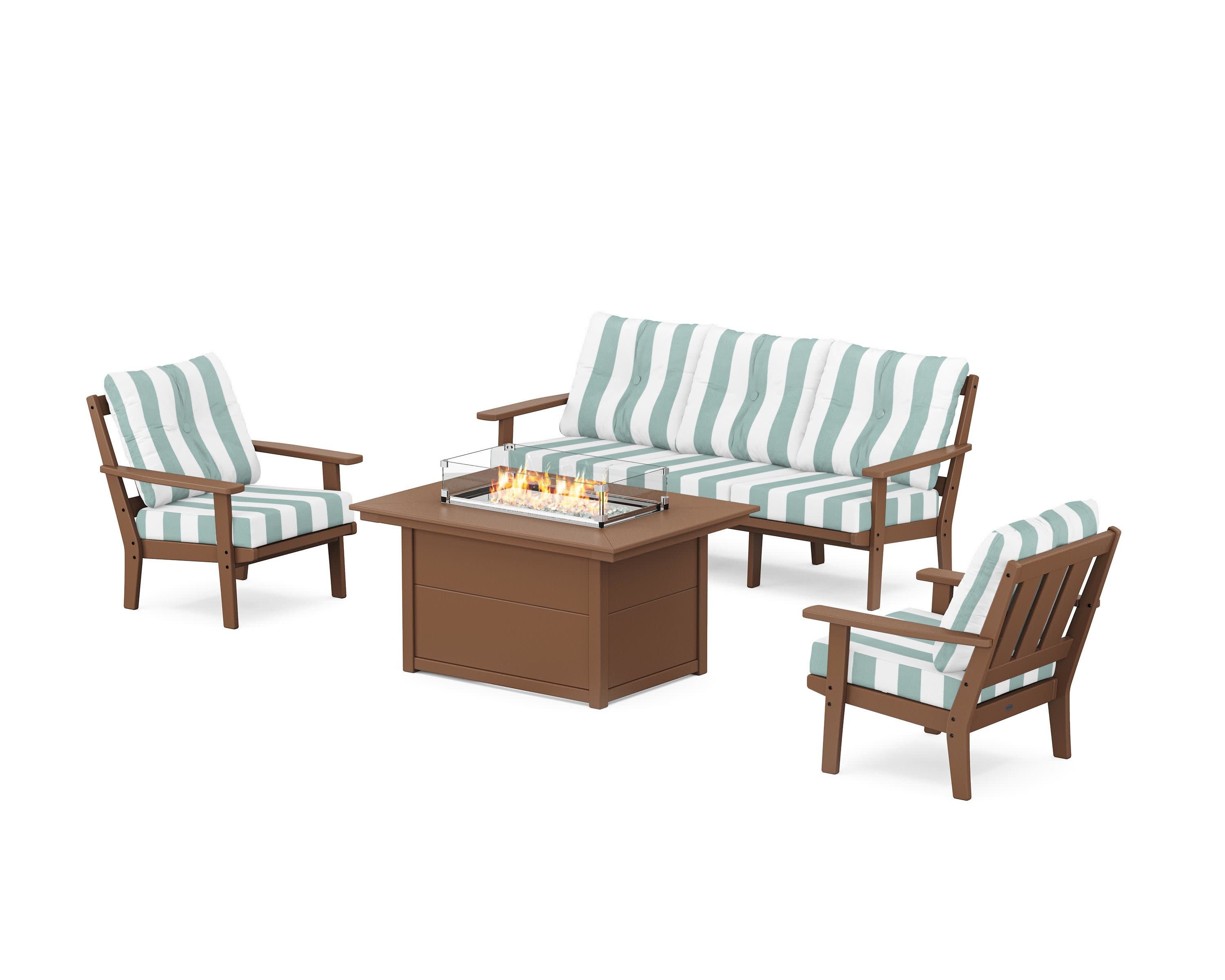 Oxford Deep Seating Fire Pit Table Set in Teak / Cabana Stripe Glacier Spa
