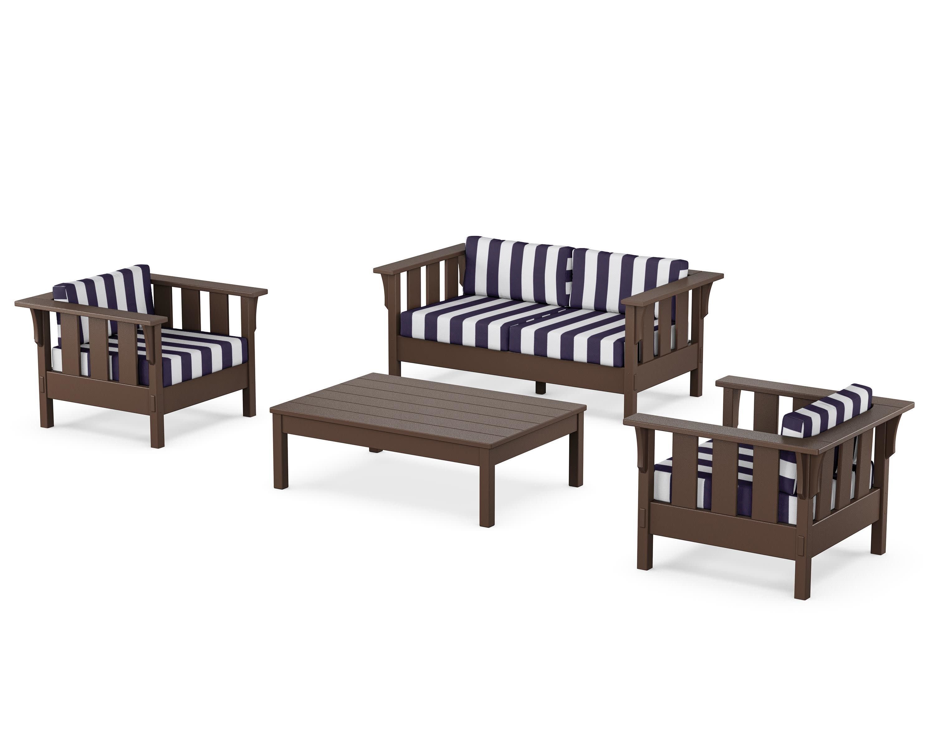 Acadia 4-Piece Deep Seating Set with Loveseat in Mahogany / Cabana Stripe Navy