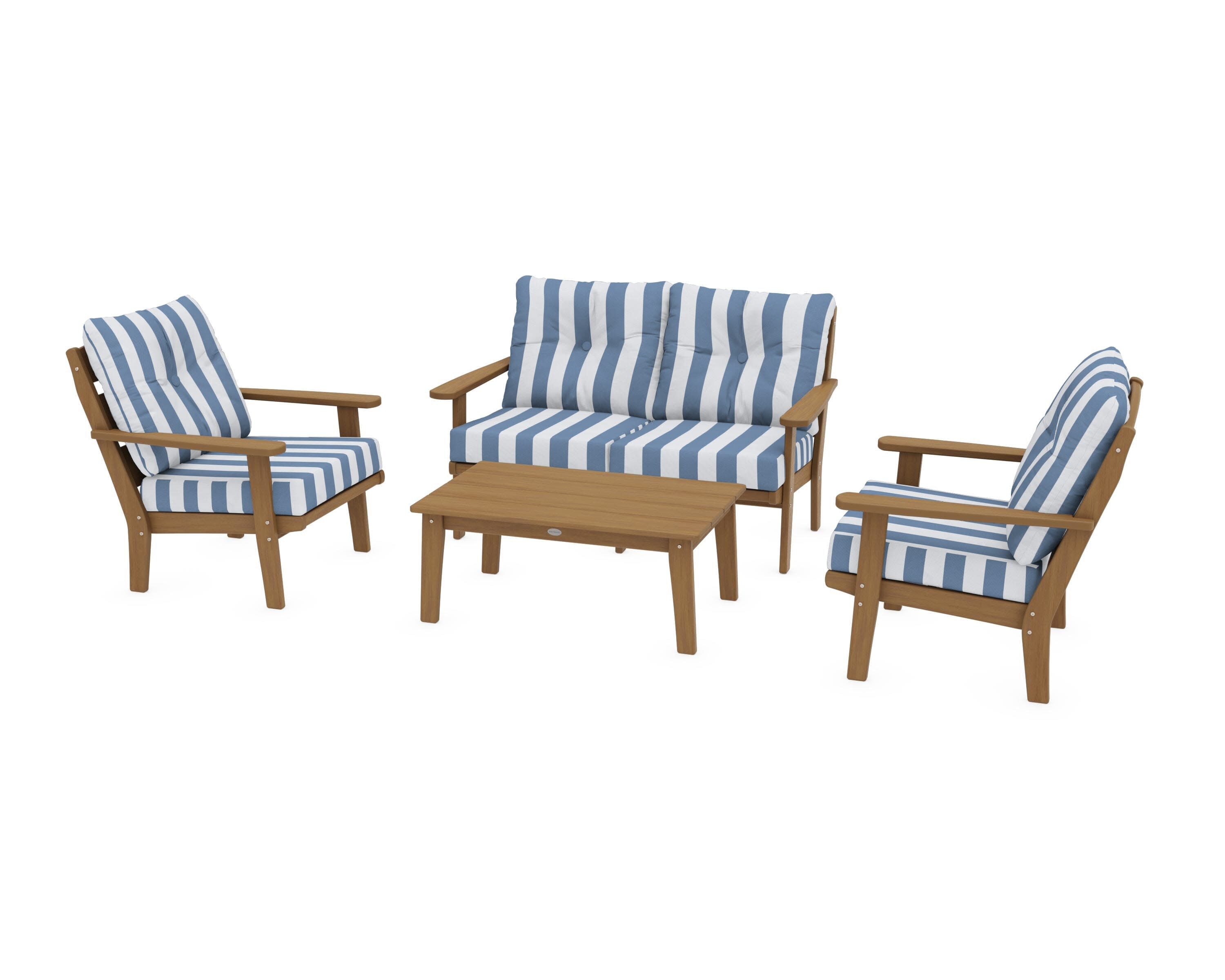 Lakeside 4-Piece Deep Seating Set in Natural / Cabana Stripe Sky Blue