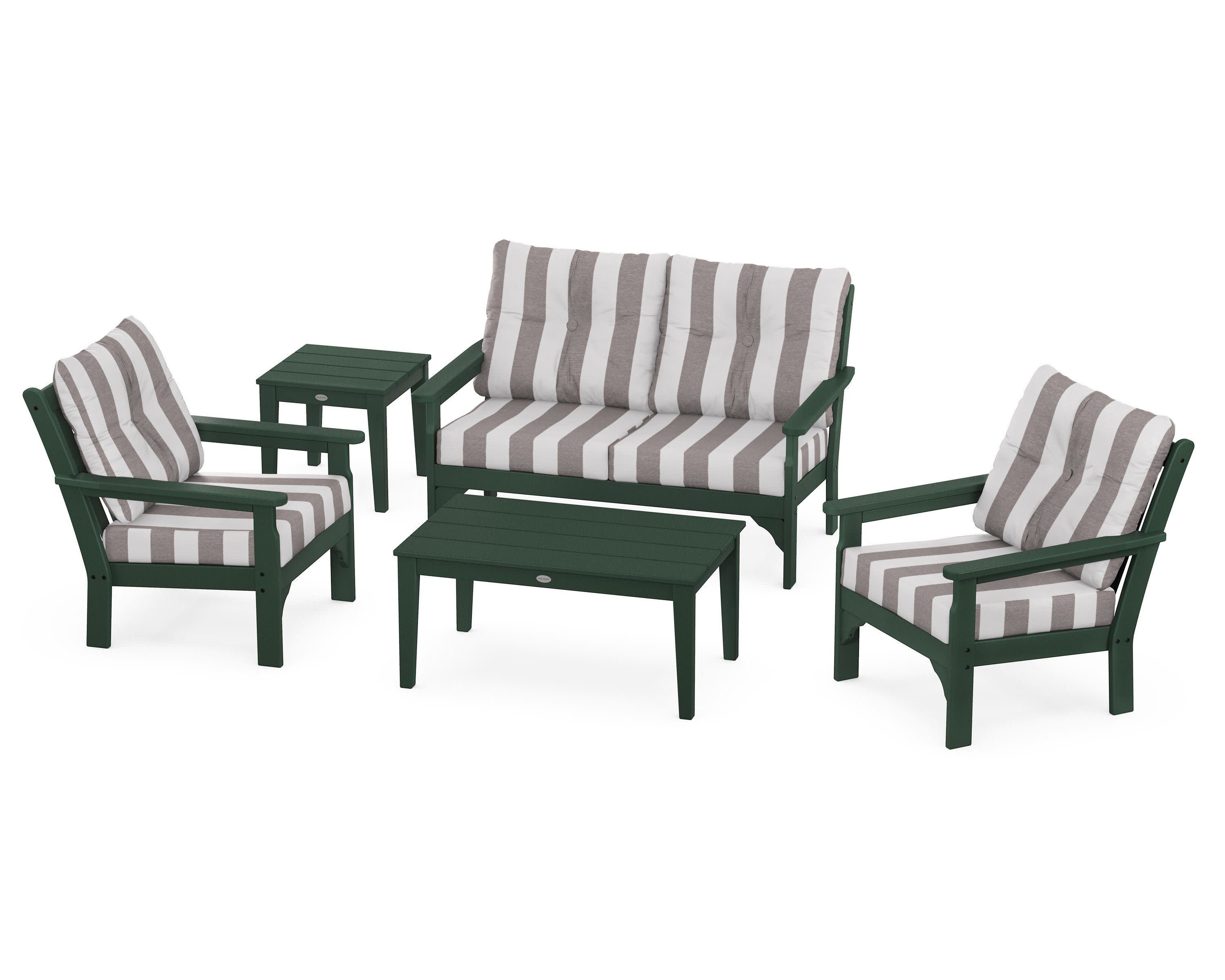 Vineyard 5-Piece Deep Seating Set in Green / Cabana Stripe Grey Mist