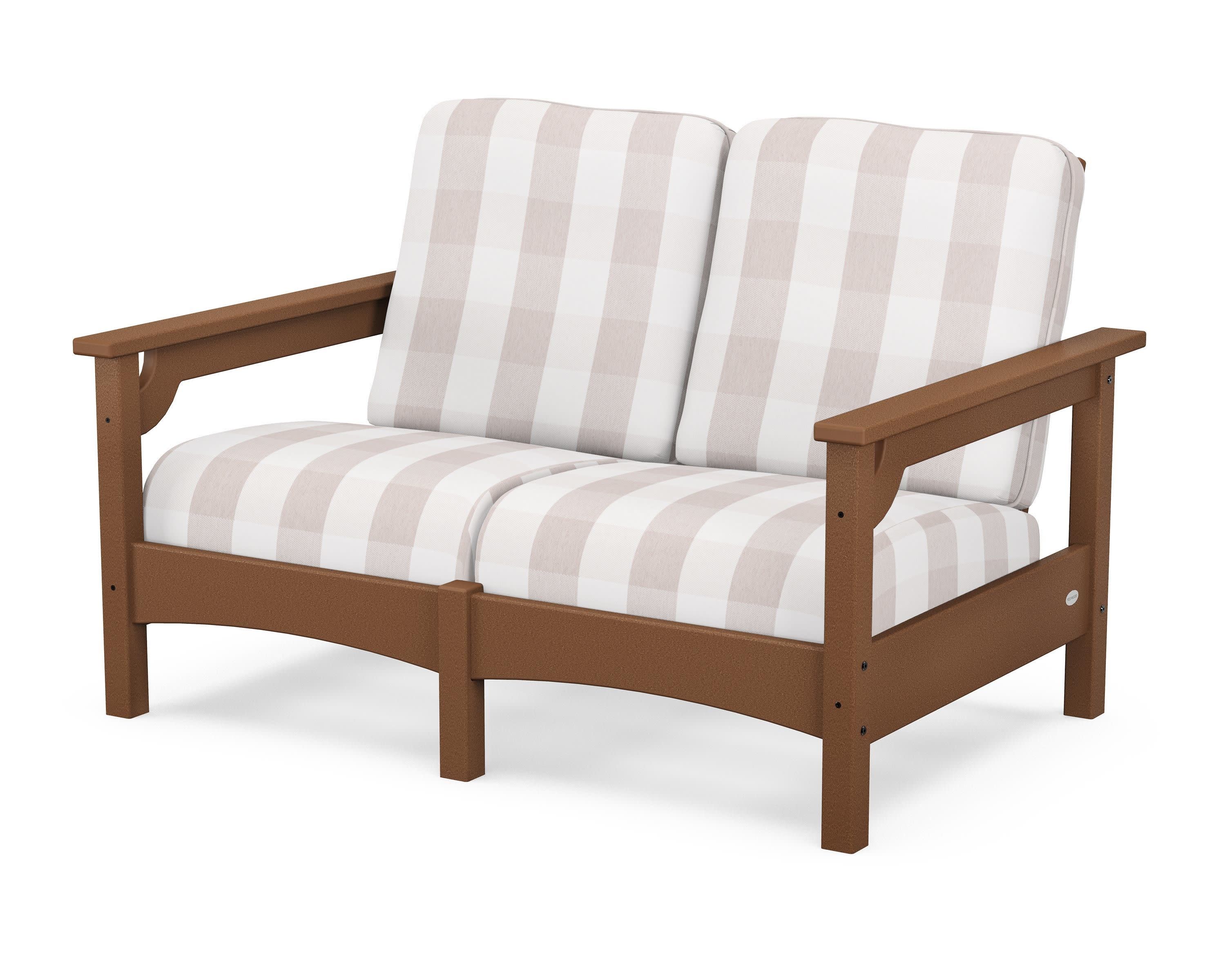 Club Loveseat in Teak / Buffalo Plaid Dune Burlap
