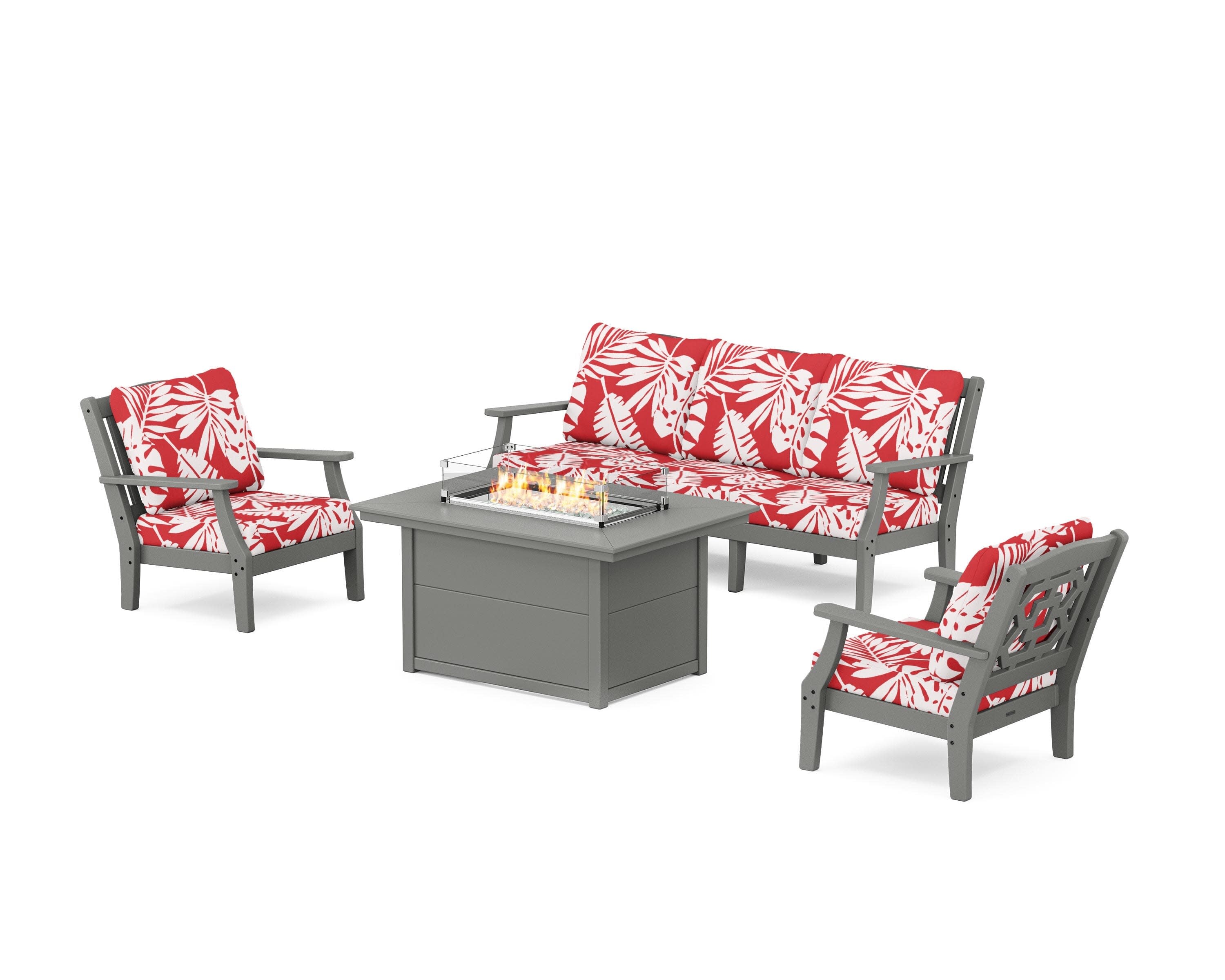 Chinoiserie Deep Seating Fire Pit Table Set in Slate Grey / Leaf Crimson