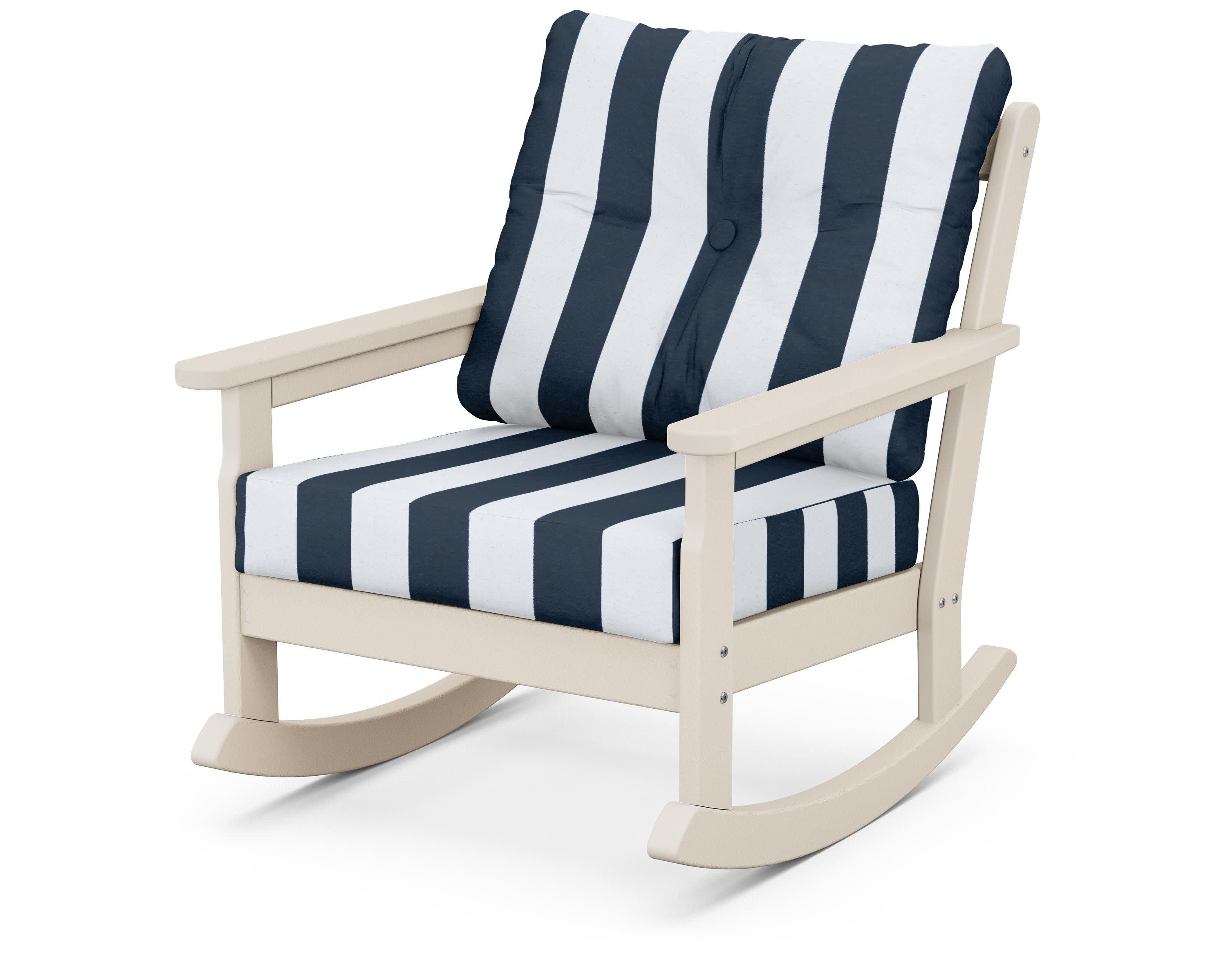Vineyard Deep Seating Rocking Chair in Sand / Cabana Stripe Marine Indigo