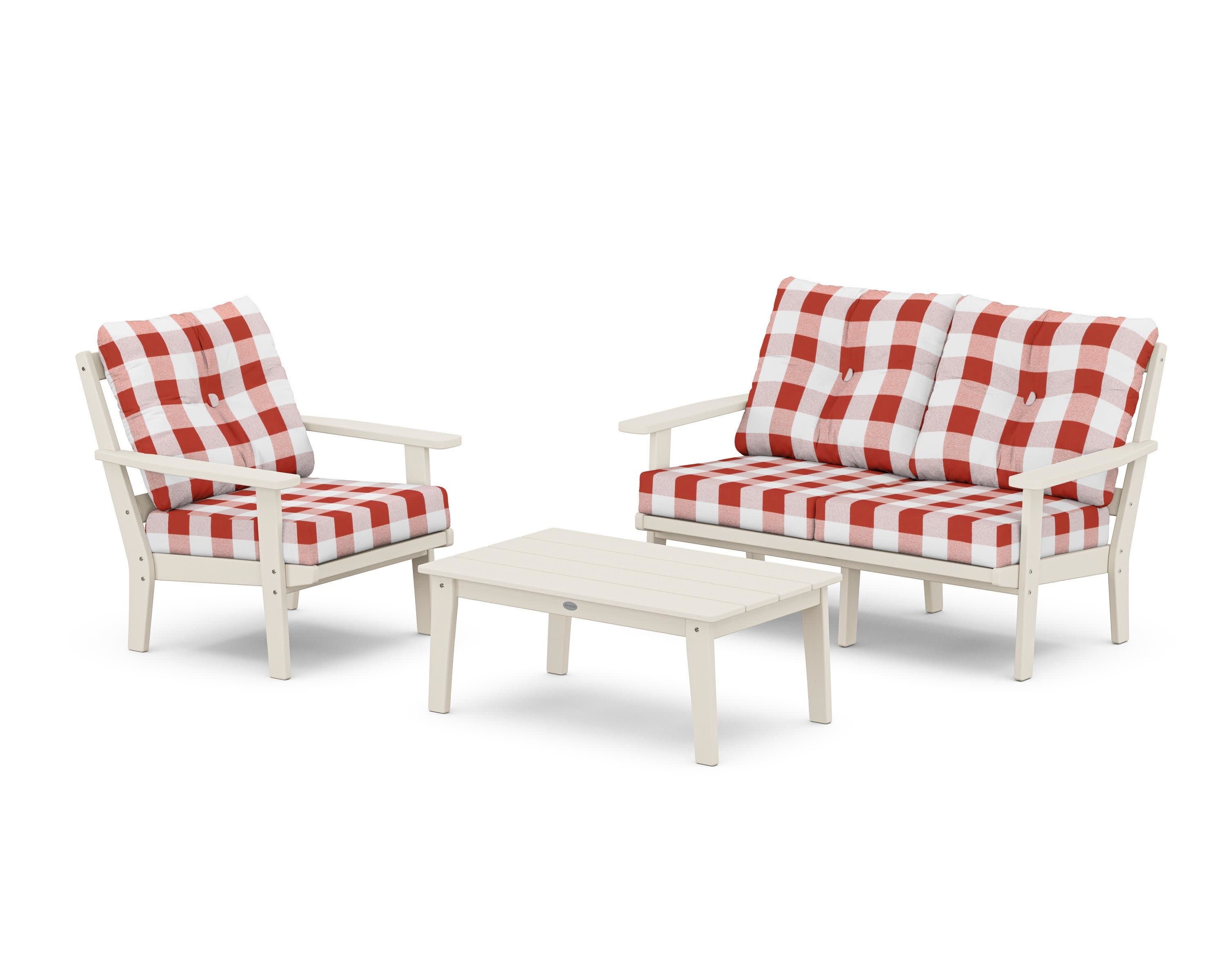 Oxford 3-Piece Deep Seating Set with Loveseat in Sand / Buffalo Plaid Crimson