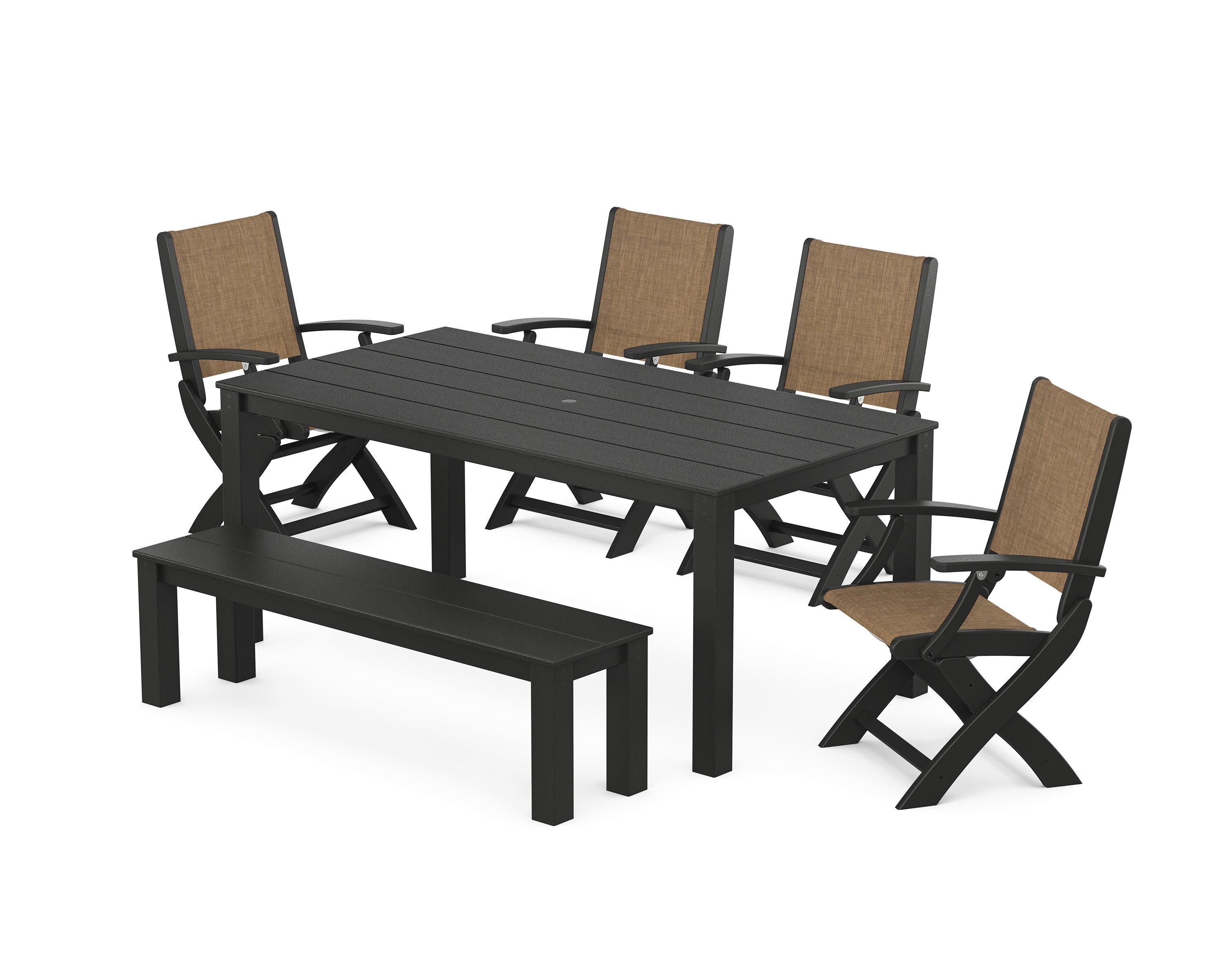 Coastal Folding Chair 6-Piece Parsons Dining Set with Bench in Black / Burlap Sling