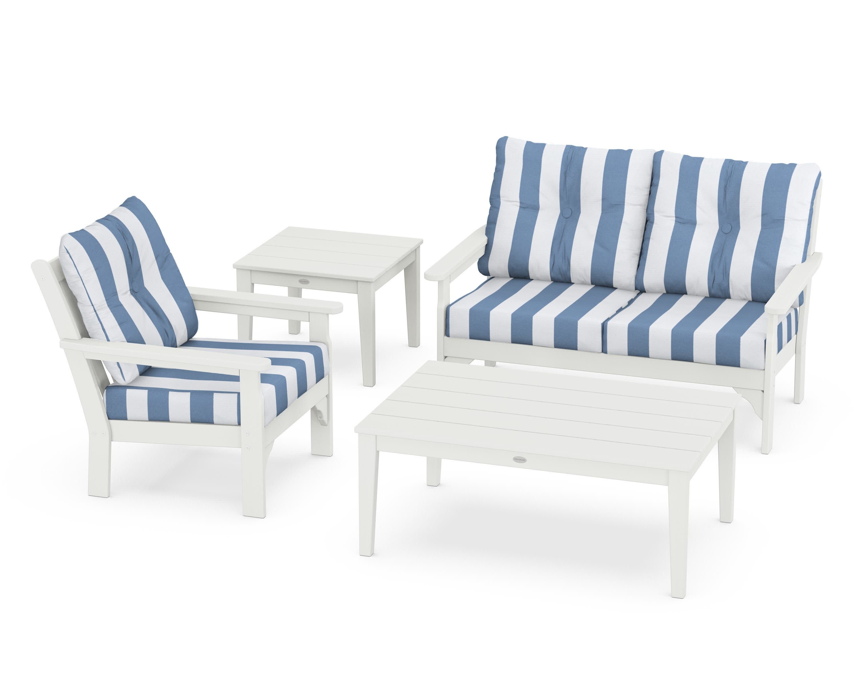 Vineyard 4-Piece Deep Seating Set in Vintage White / Cabana Stripe Sky Blue