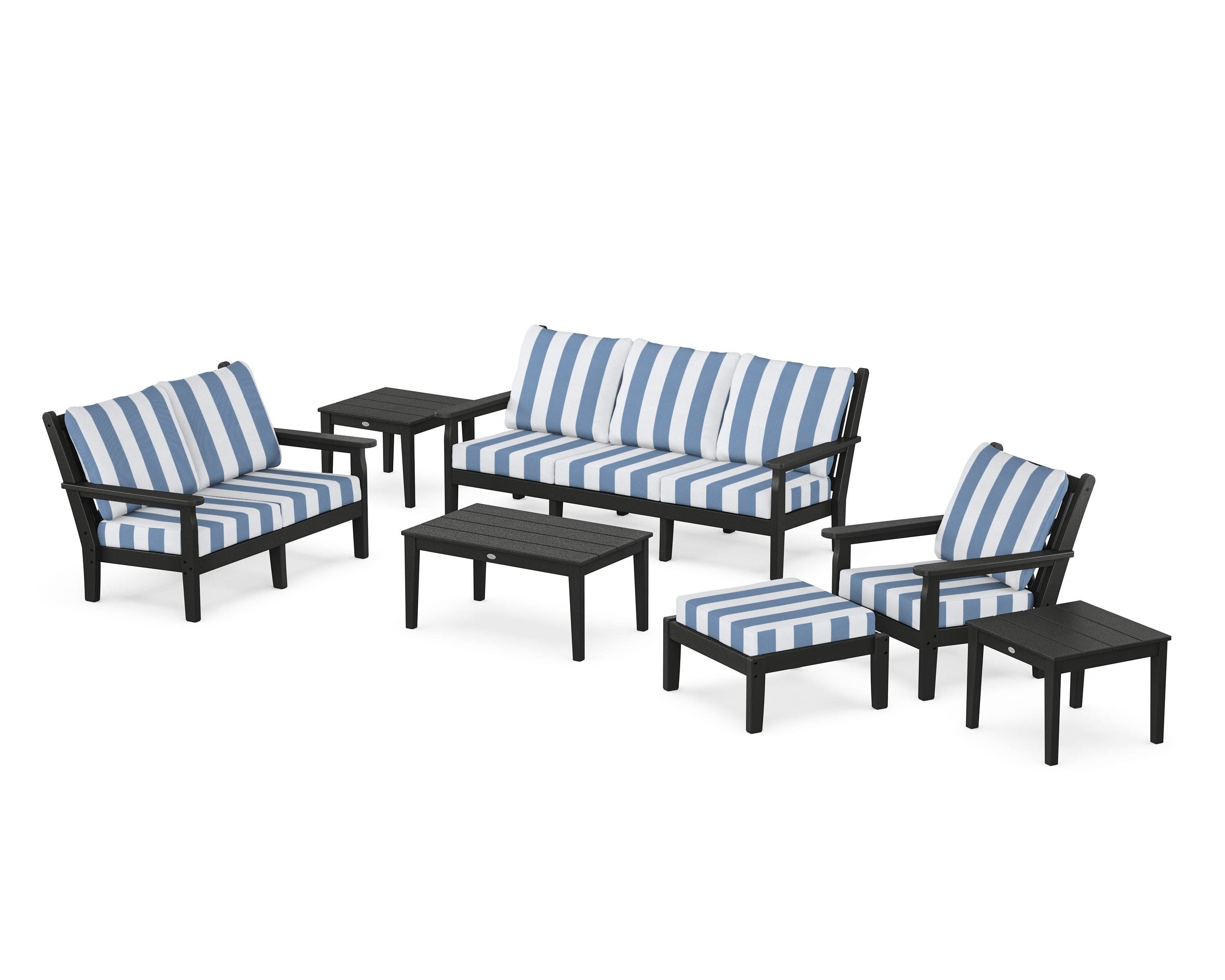 Chippendale 7-Piece Deep Seating Set in Black / Cabana Stripe Sky Blue