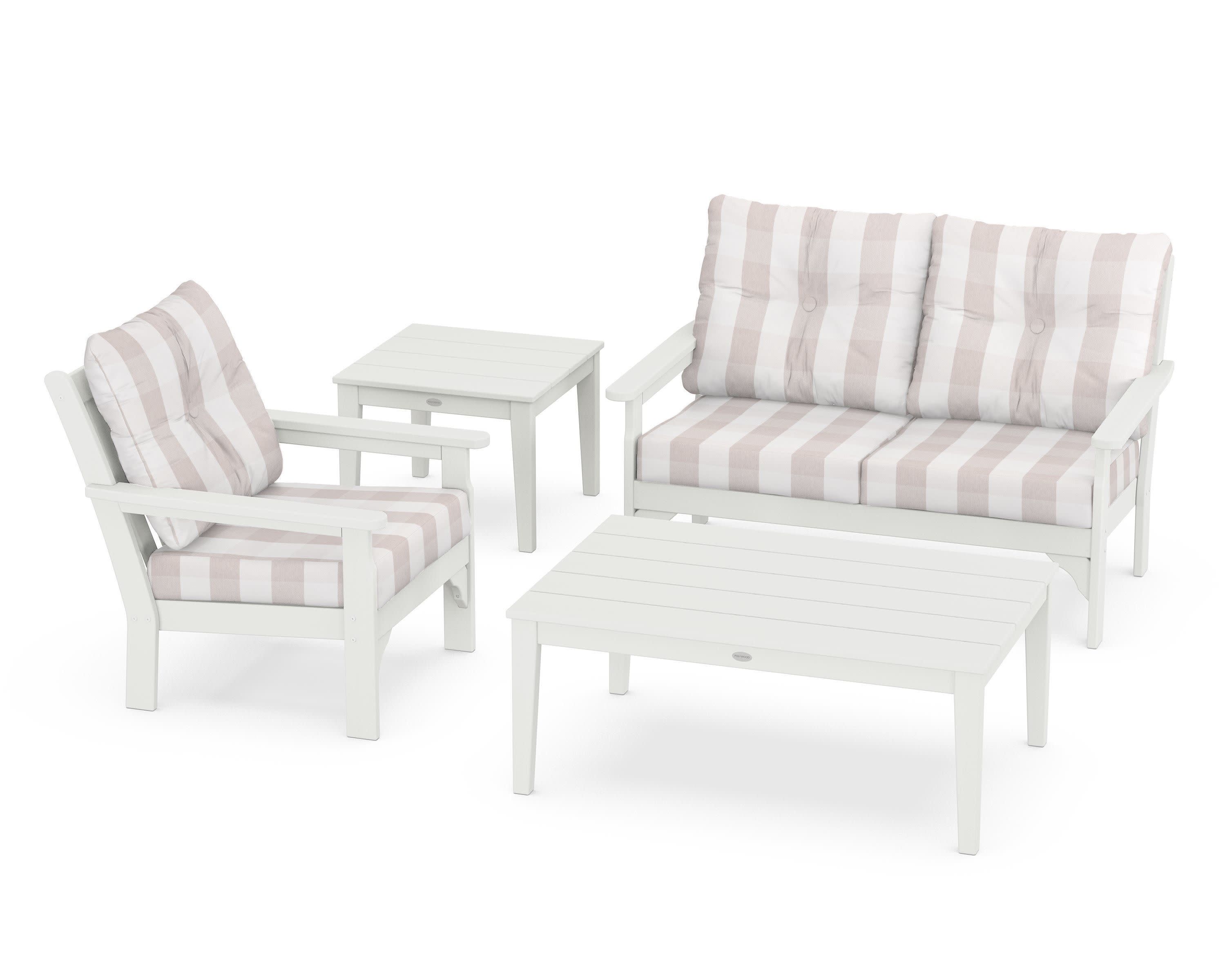 Vineyard 4-Piece Deep Seating Set in Vintage White / Buffalo Plaid Dune Burlap