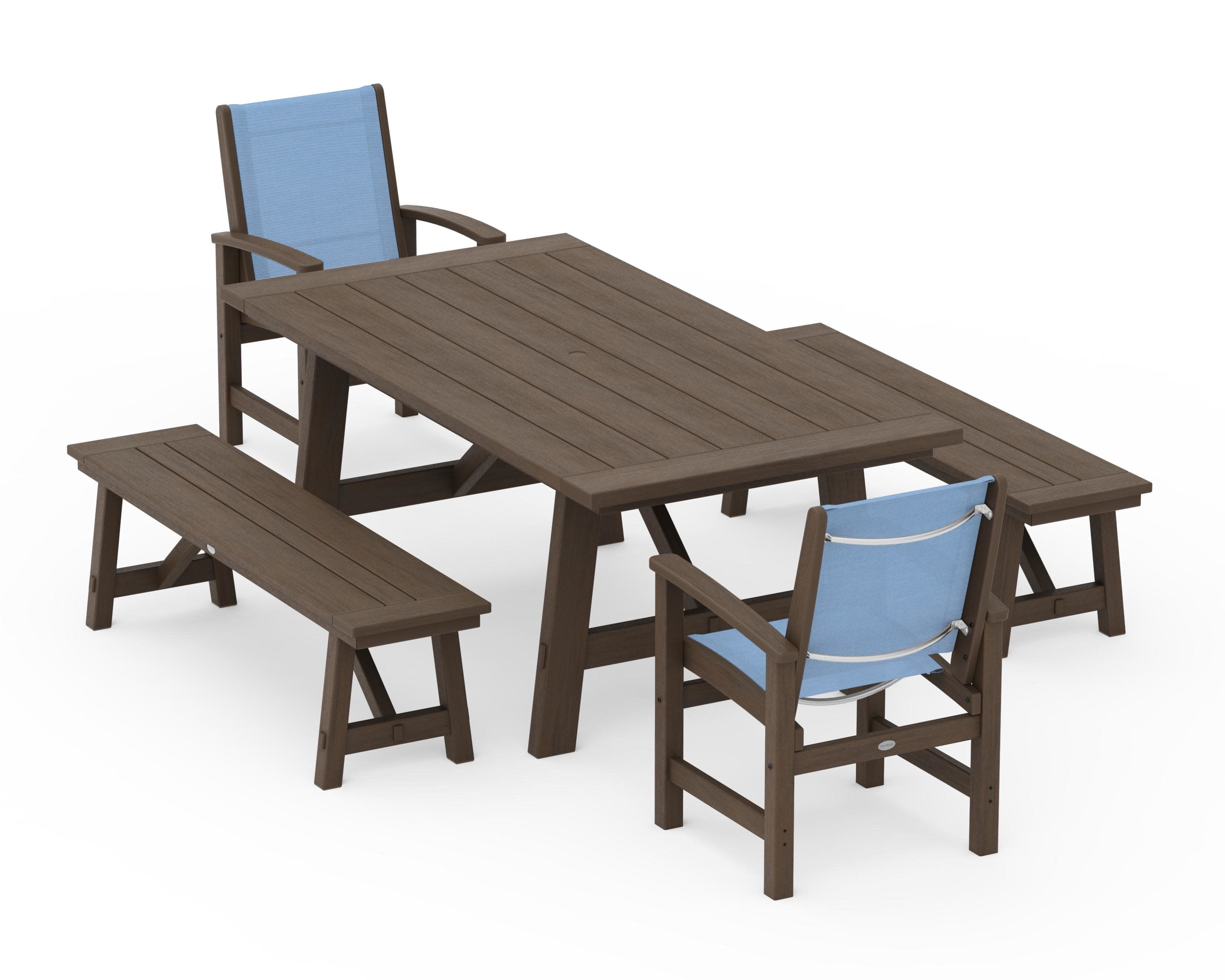 Coastal 5-Piece Rustic Farmhouse Dining Set With Benches in Kona / Poolside Sling