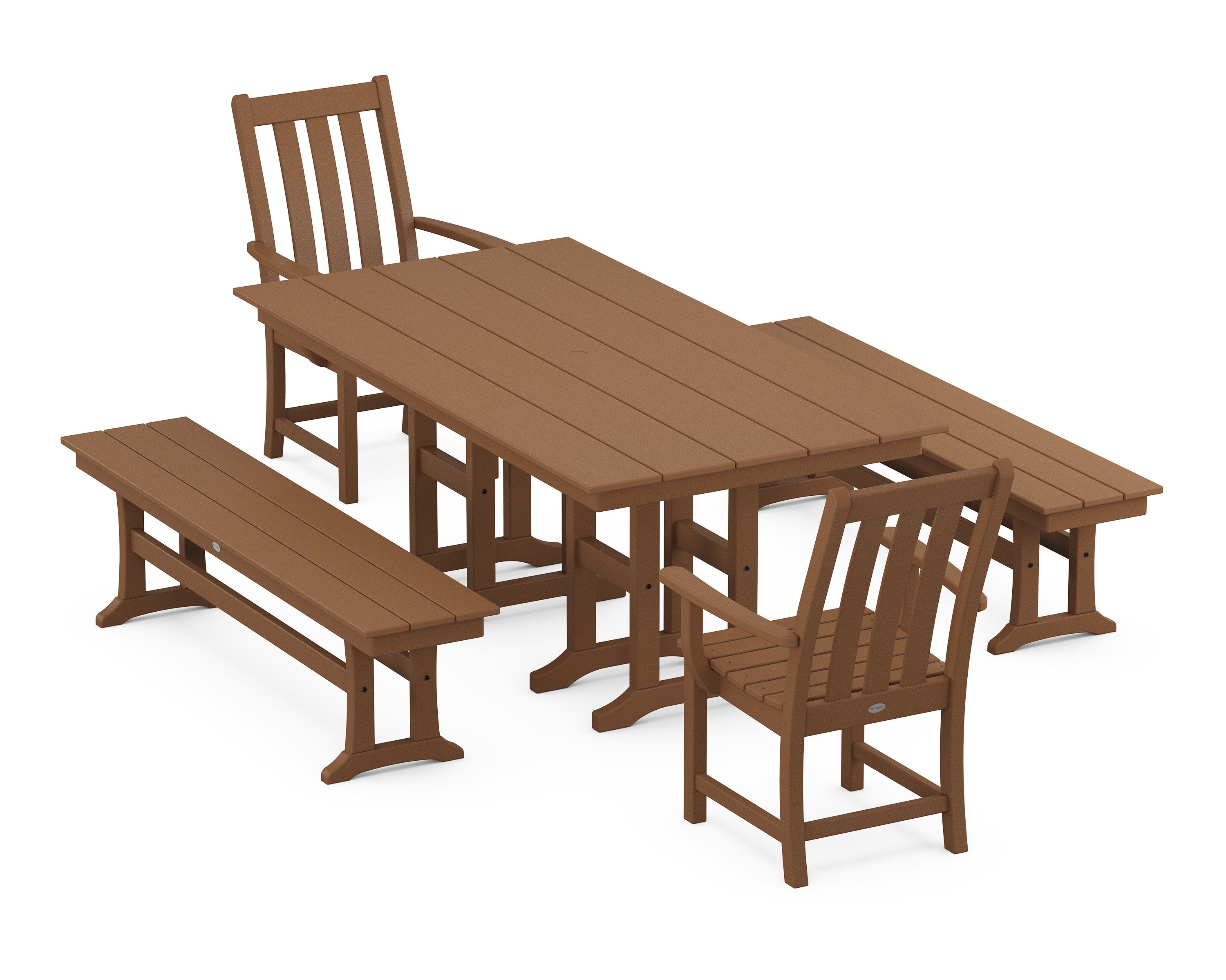 Vineyard 5-Piece Farmhouse Dining Set with Benches in Teak