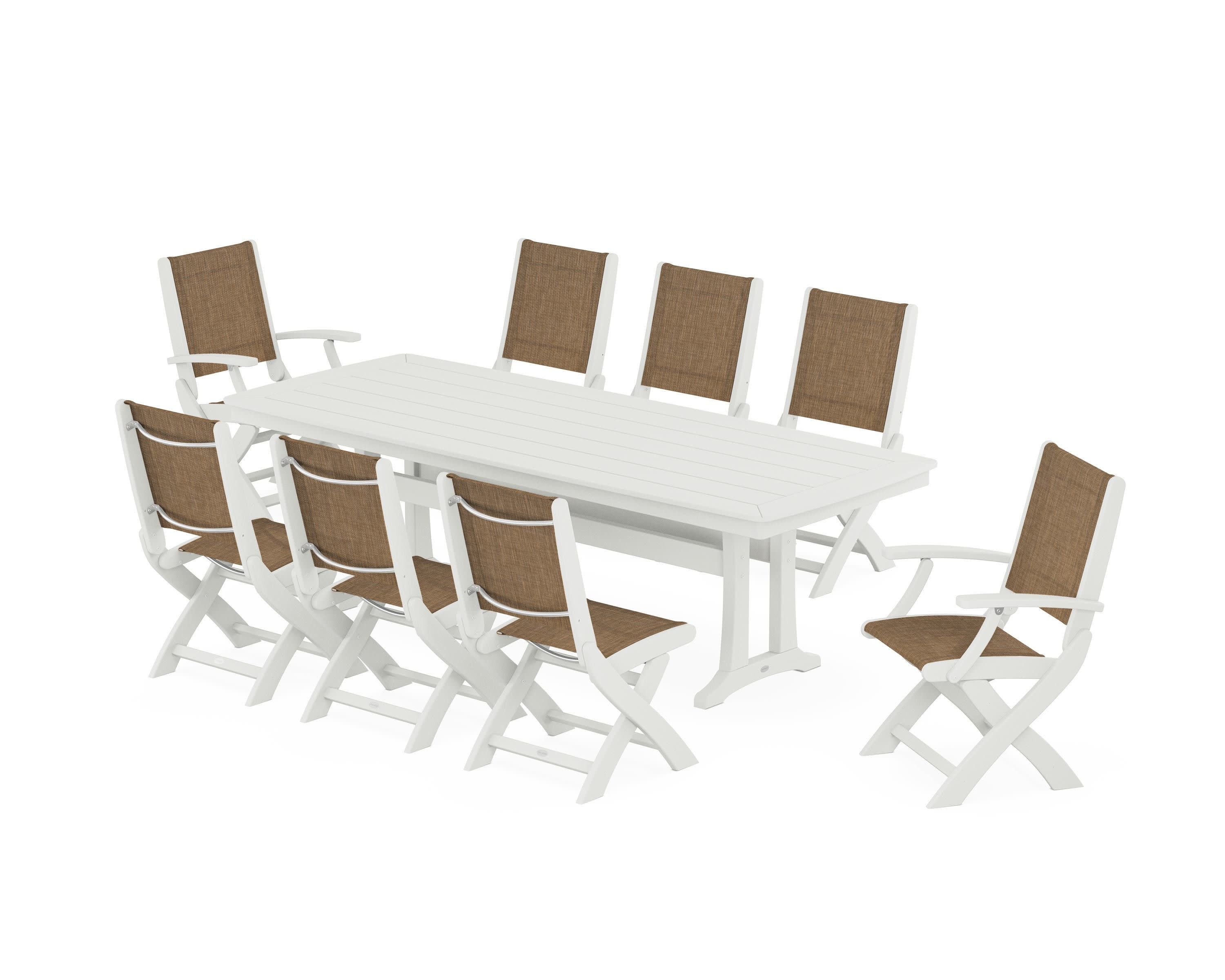 Coastal Folding 9-Piece Dining Set with Trestle Legs in Vintage White / Burlap Sling