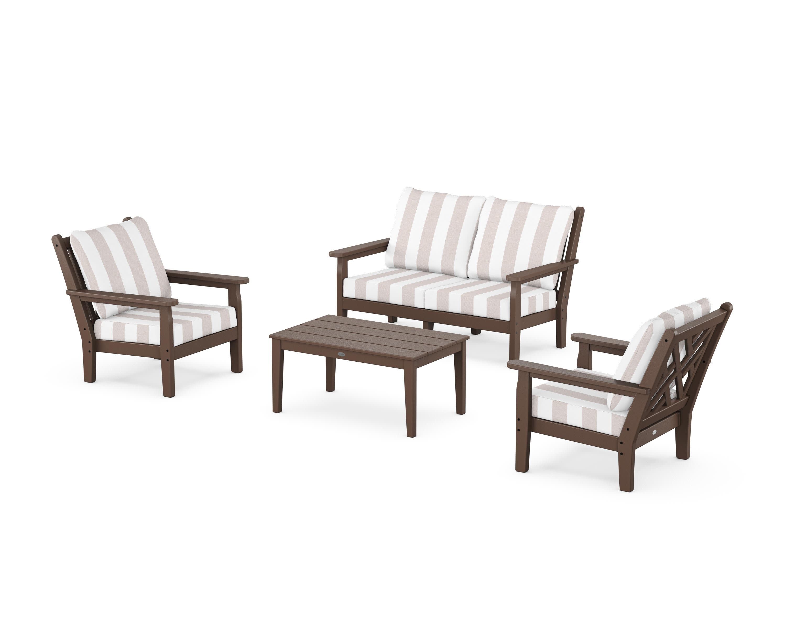 Chippendale 4-Piece Deep Seating Set with Loveseat in Mahogany / Cabana Stripe Dune Burlap