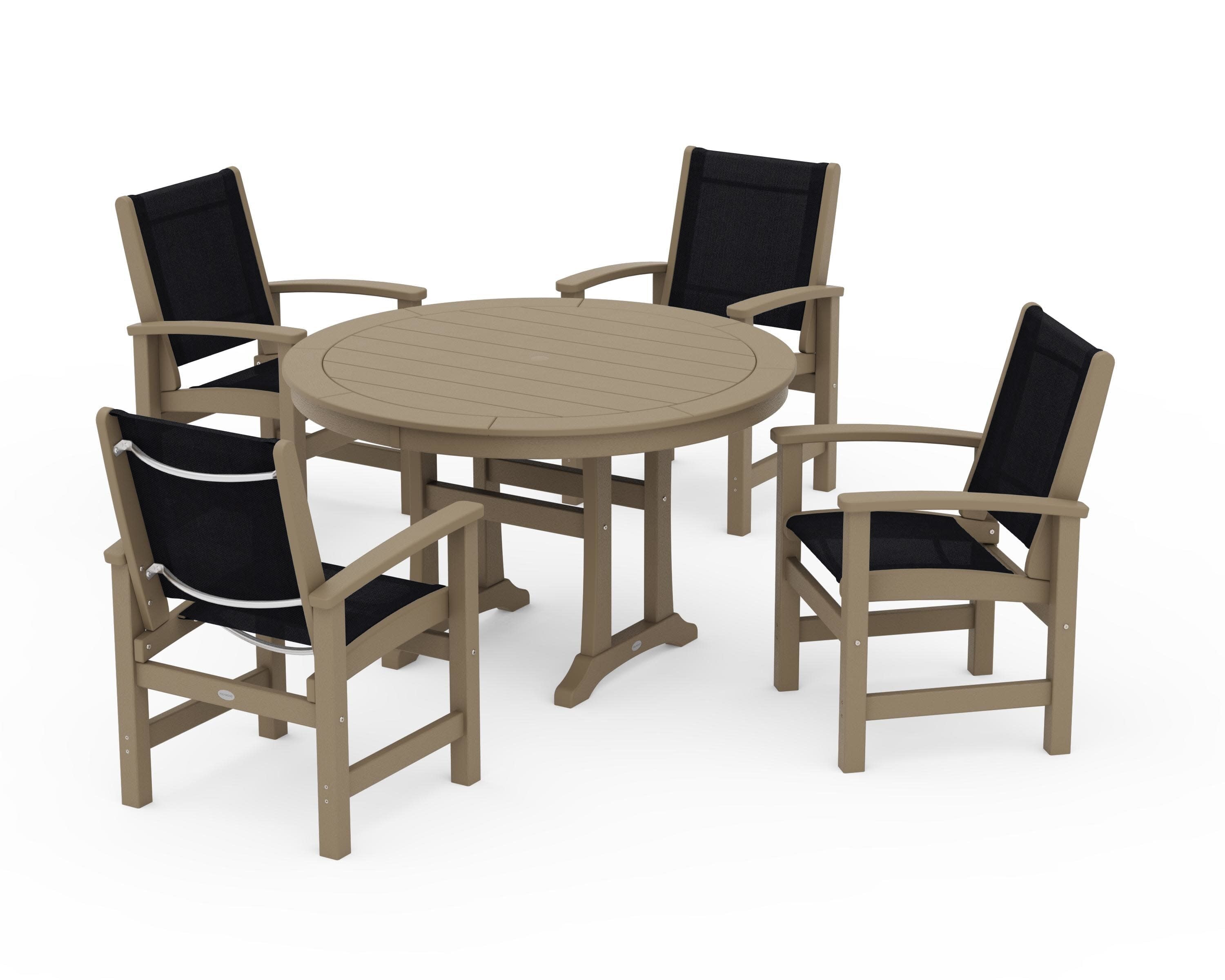 Coastal 5-Piece Round Dining Set with Trestle Legs in Vintage Sahara / Black Sling