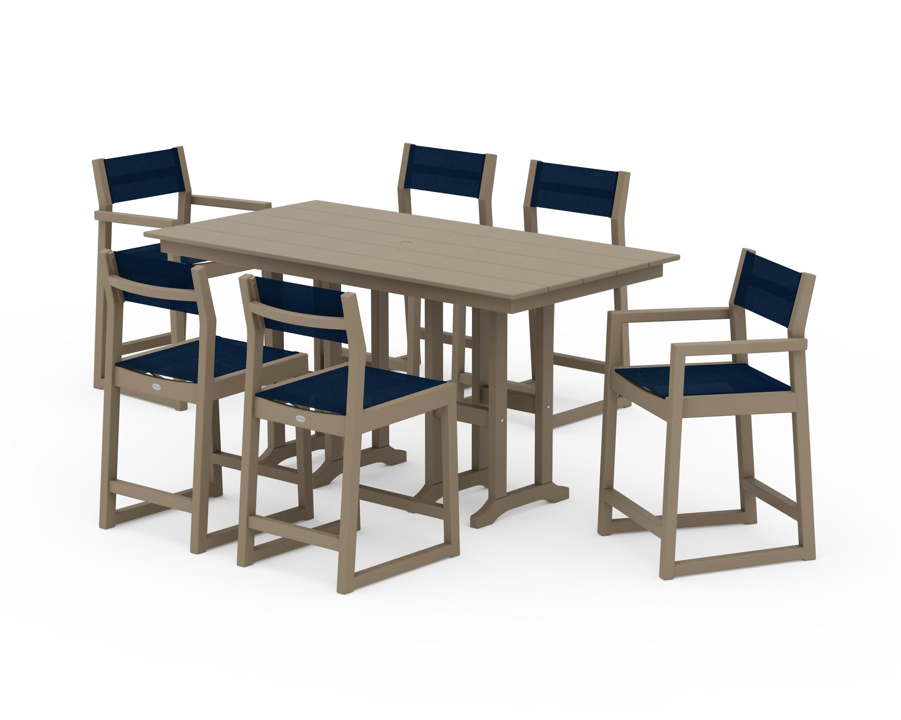 EDGE Sling 7-Piece Farmhouse Counter Set with Trestle Legs in Vintage Sahara / Navy Blue Sling