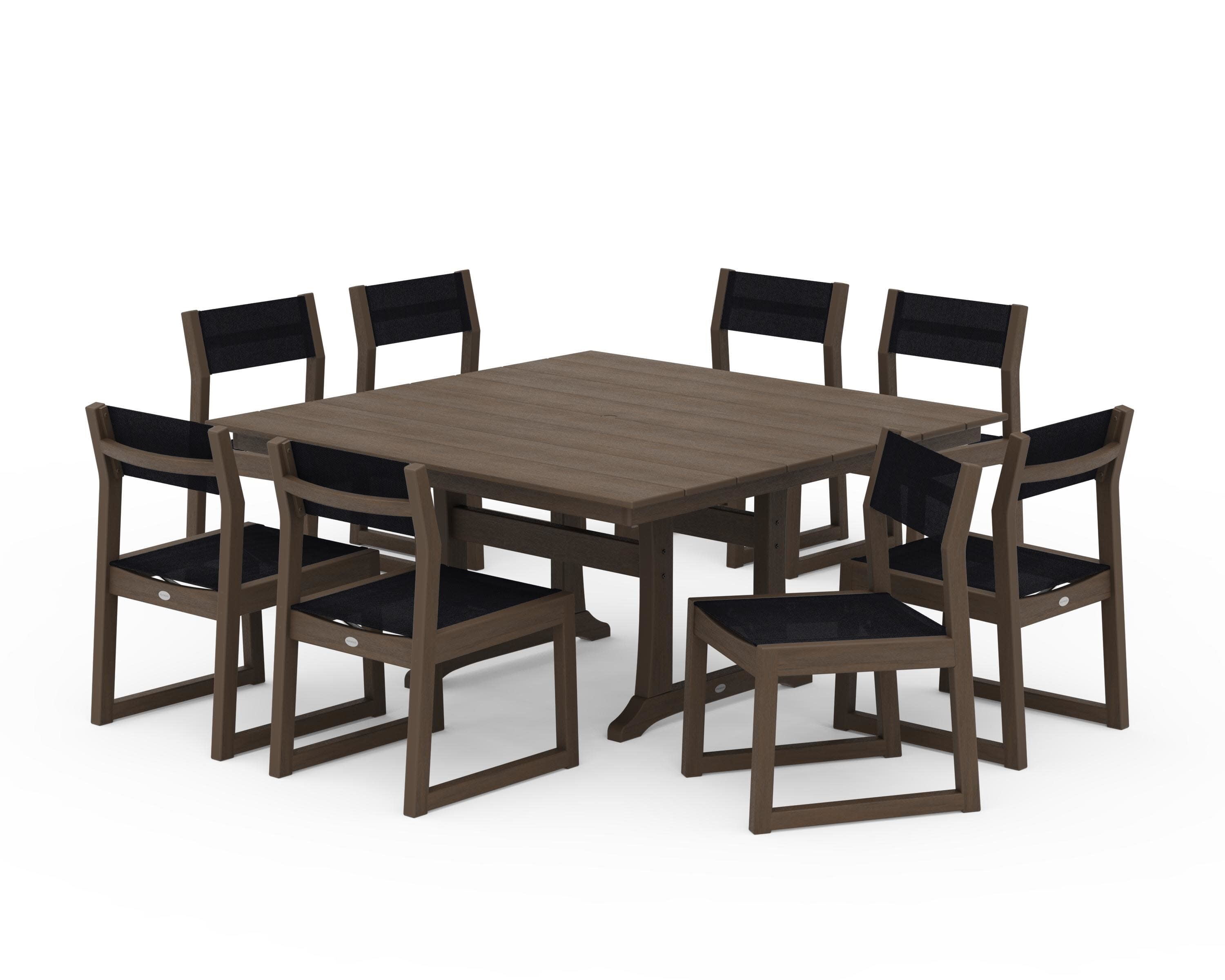 EDGE Sling Side Chair 9-Piece Farmhouse Trestle Dining Set in Kona / Black Sling