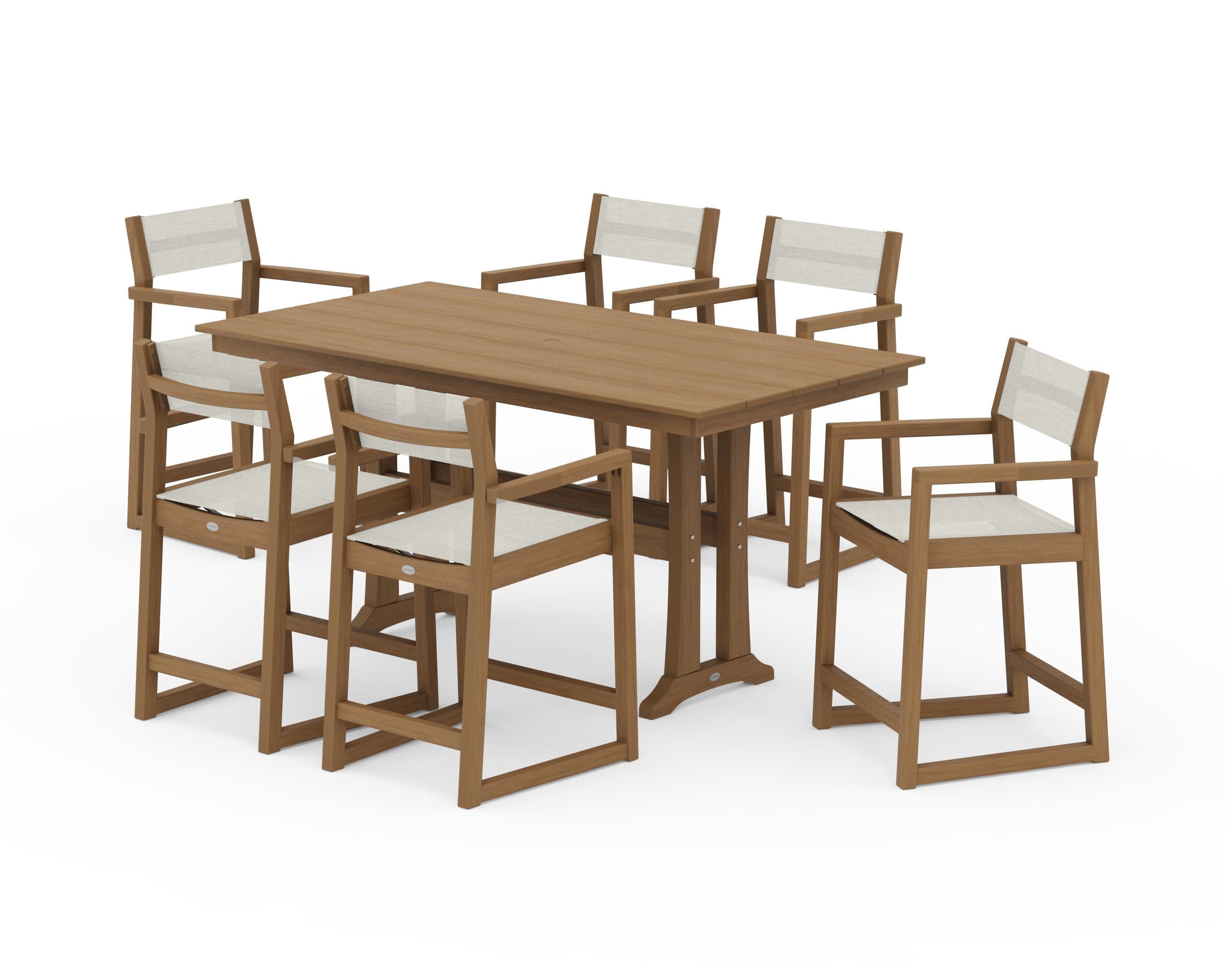 EDGE Sling Arm Chair 7-Piece Farmhouse Counter Set with Trestle Legs in Natural / Parchment Sling