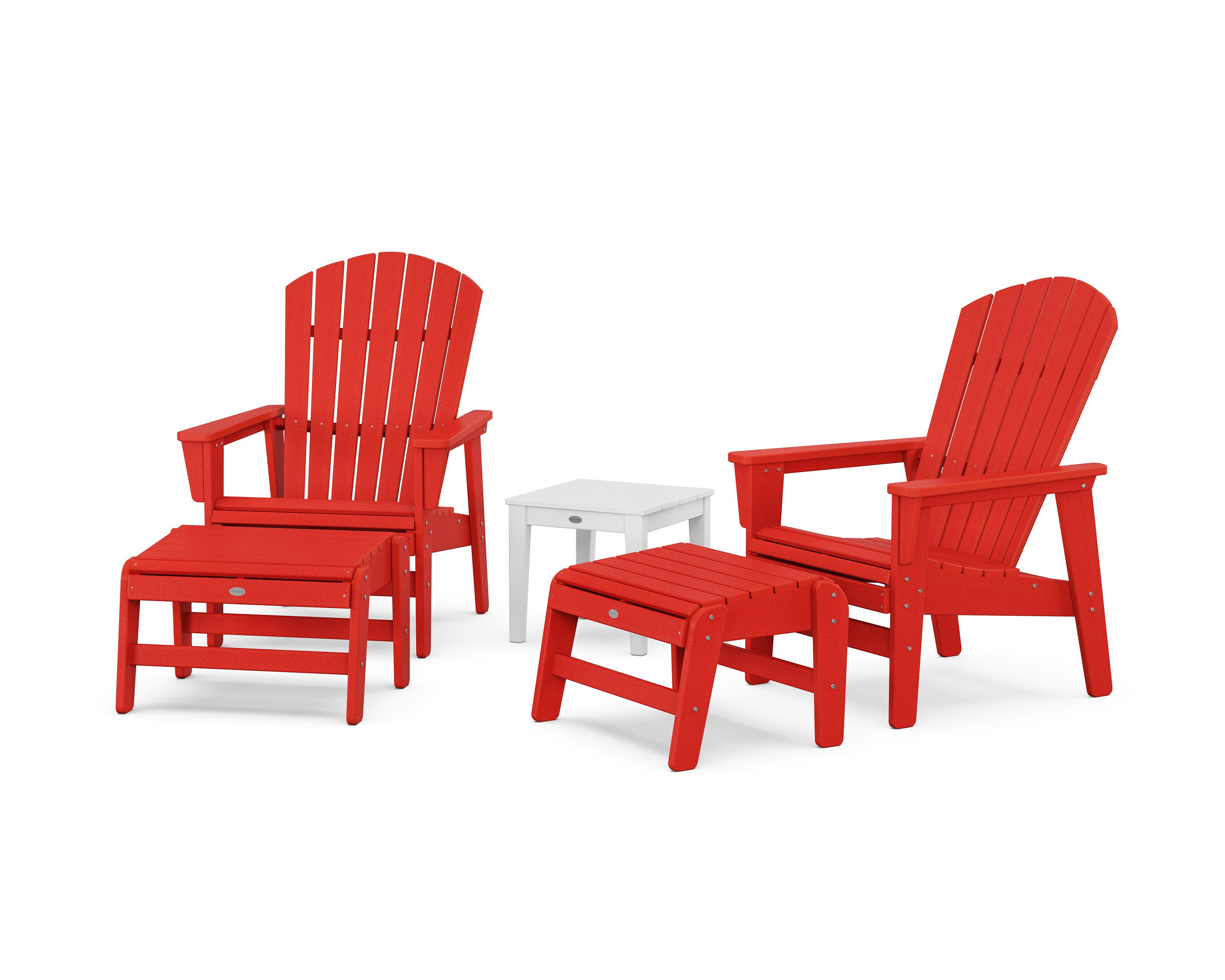 5-Piece Nautical Grand Upright Adirondack Set with Ottomans and Side Table in Sunset Red / White