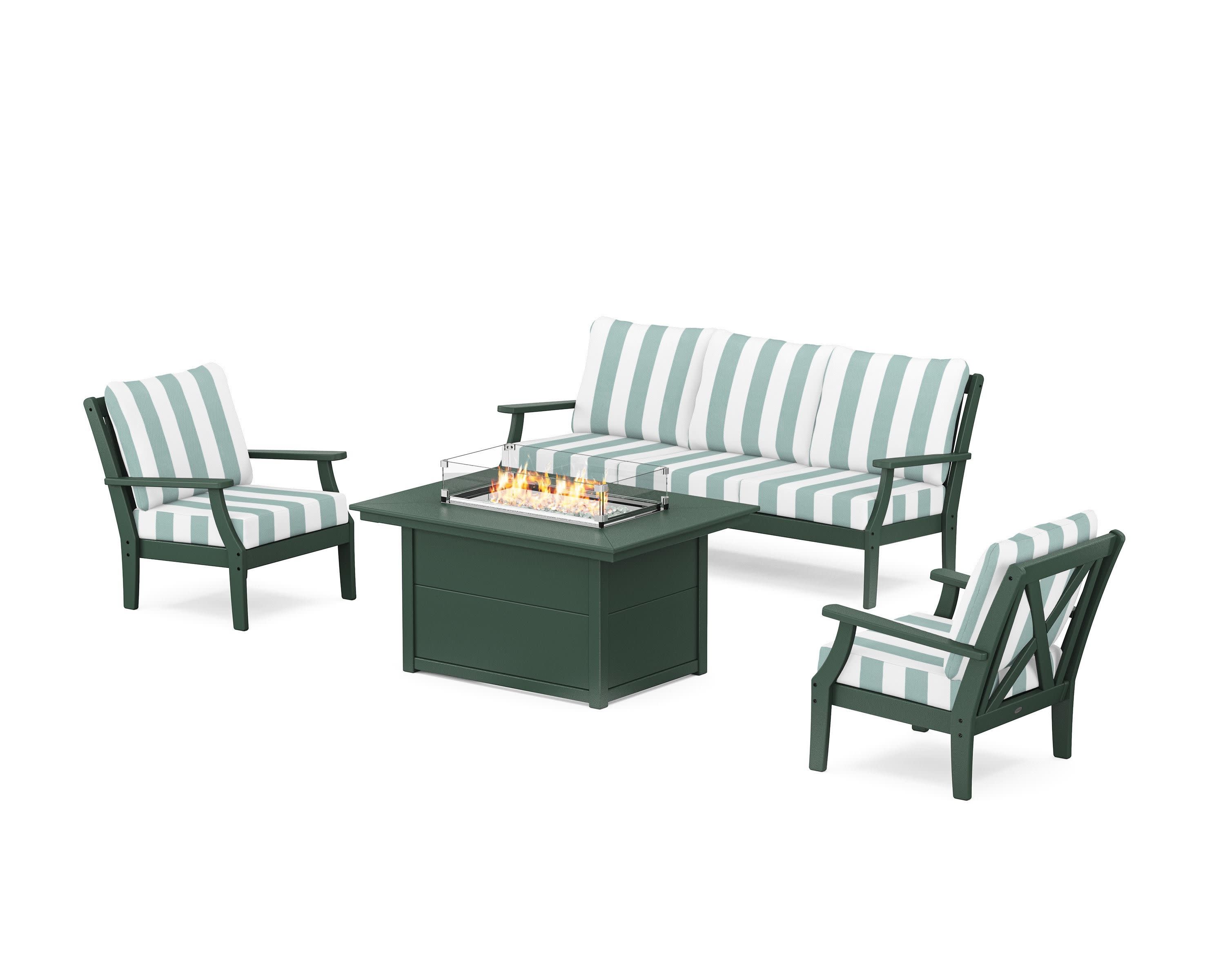 Braxton Deep Seating Fire Pit Table Set in Green / Cabana Stripe Glacier Spa