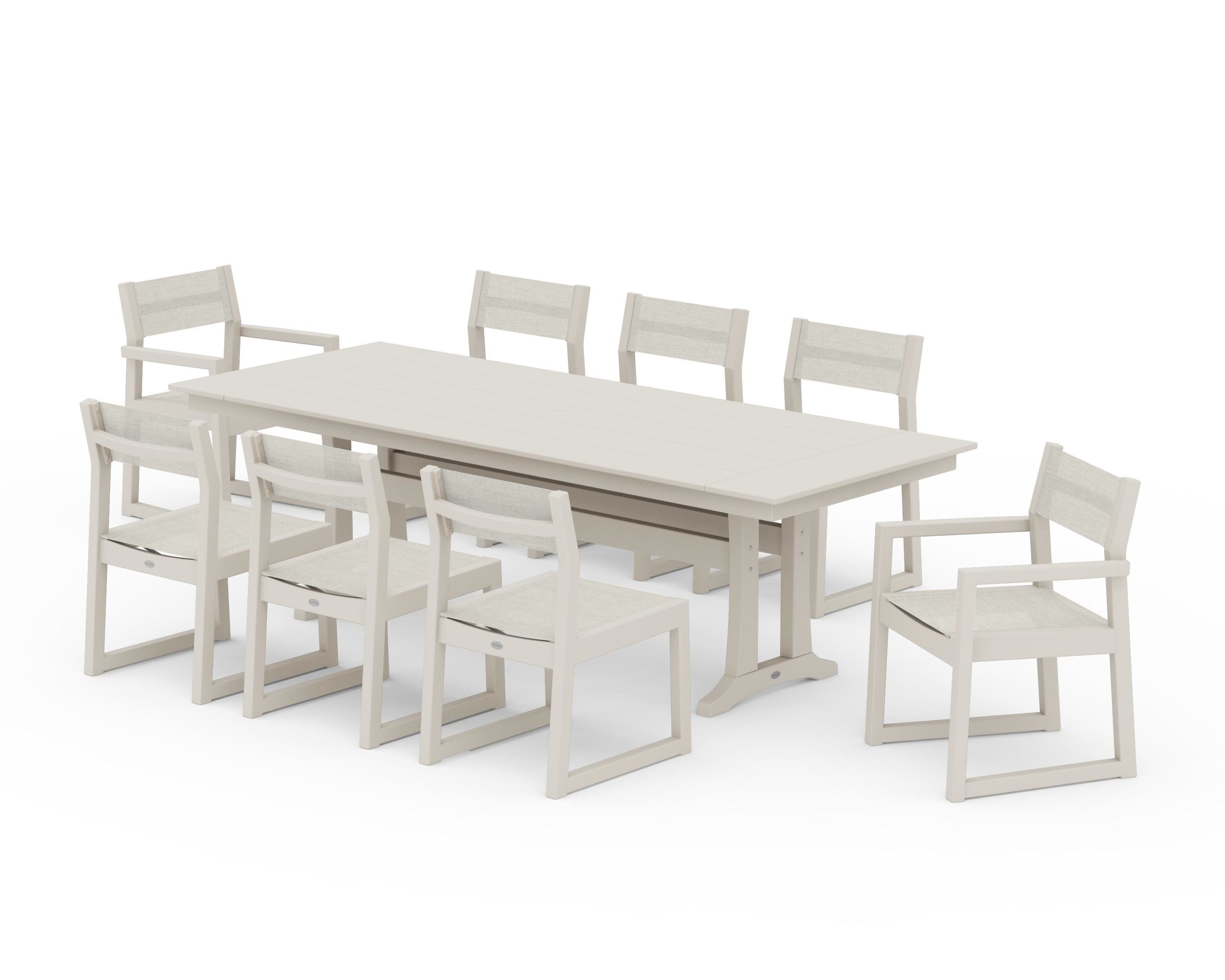EDGE Sling 9-Piece Farmhouse Trestle Dining Set in Sand / Parchment Sling