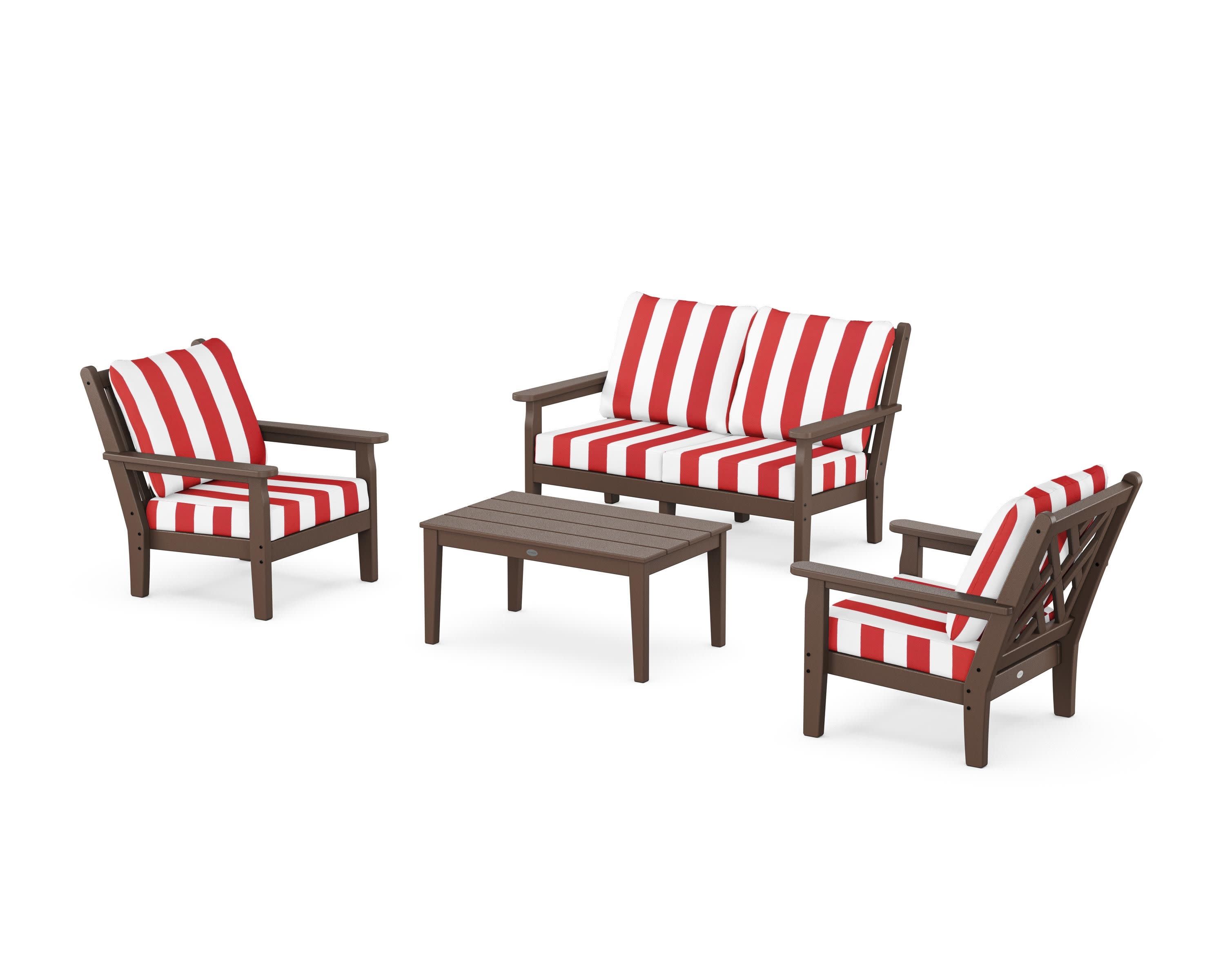 Chippendale 4-Piece Deep Seating Set with Loveseat in Mahogany / Cabana Stripe Crimson