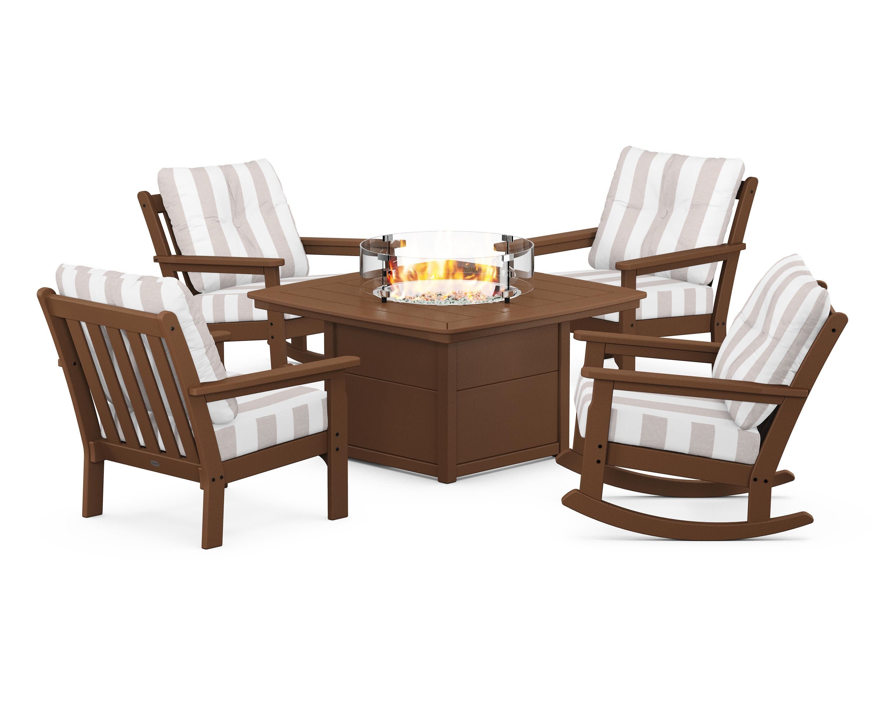 Vineyard 5-Piece Deep Seating Rocking Chair Conversation Set with Fire Pit Table in Teak / Cabana Stripe Dune Burlap