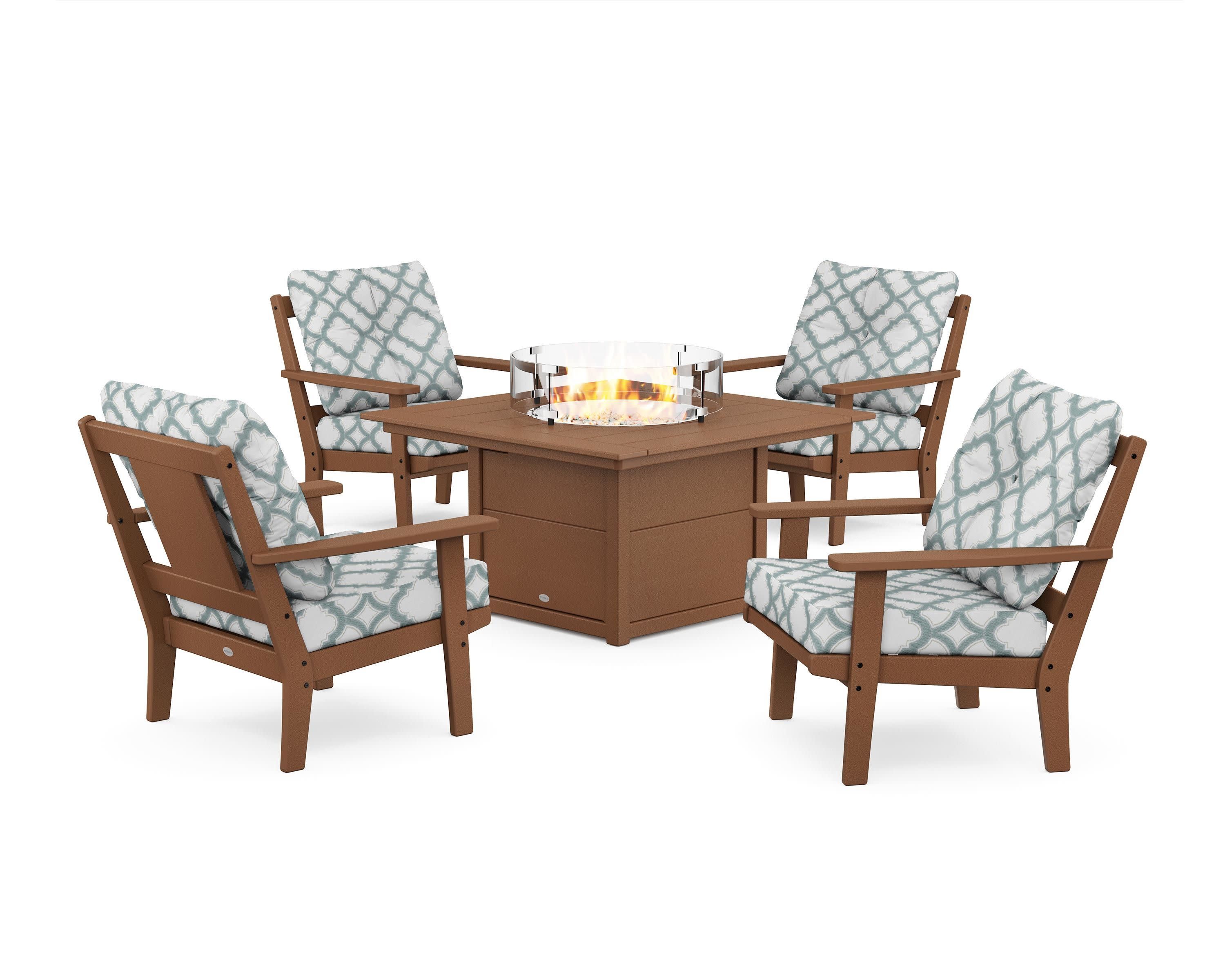 Prairie 5-Piece Deep Seating Set with Fire Pit Table in Teak / Trellis Glacier Spa