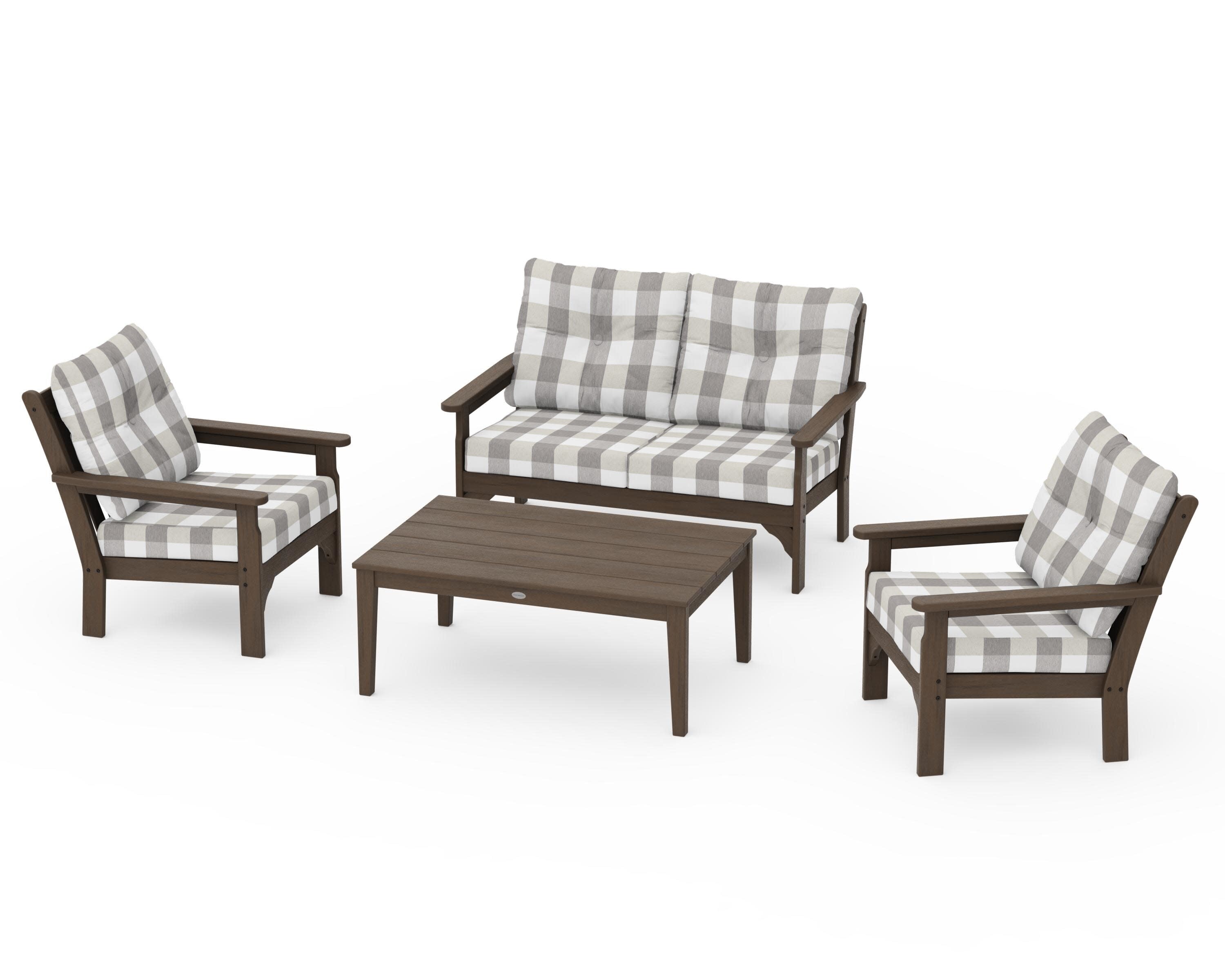 Vineyard 4-Piece Deep Seating Set in Kona / Buffalo Plaid Grey Mist