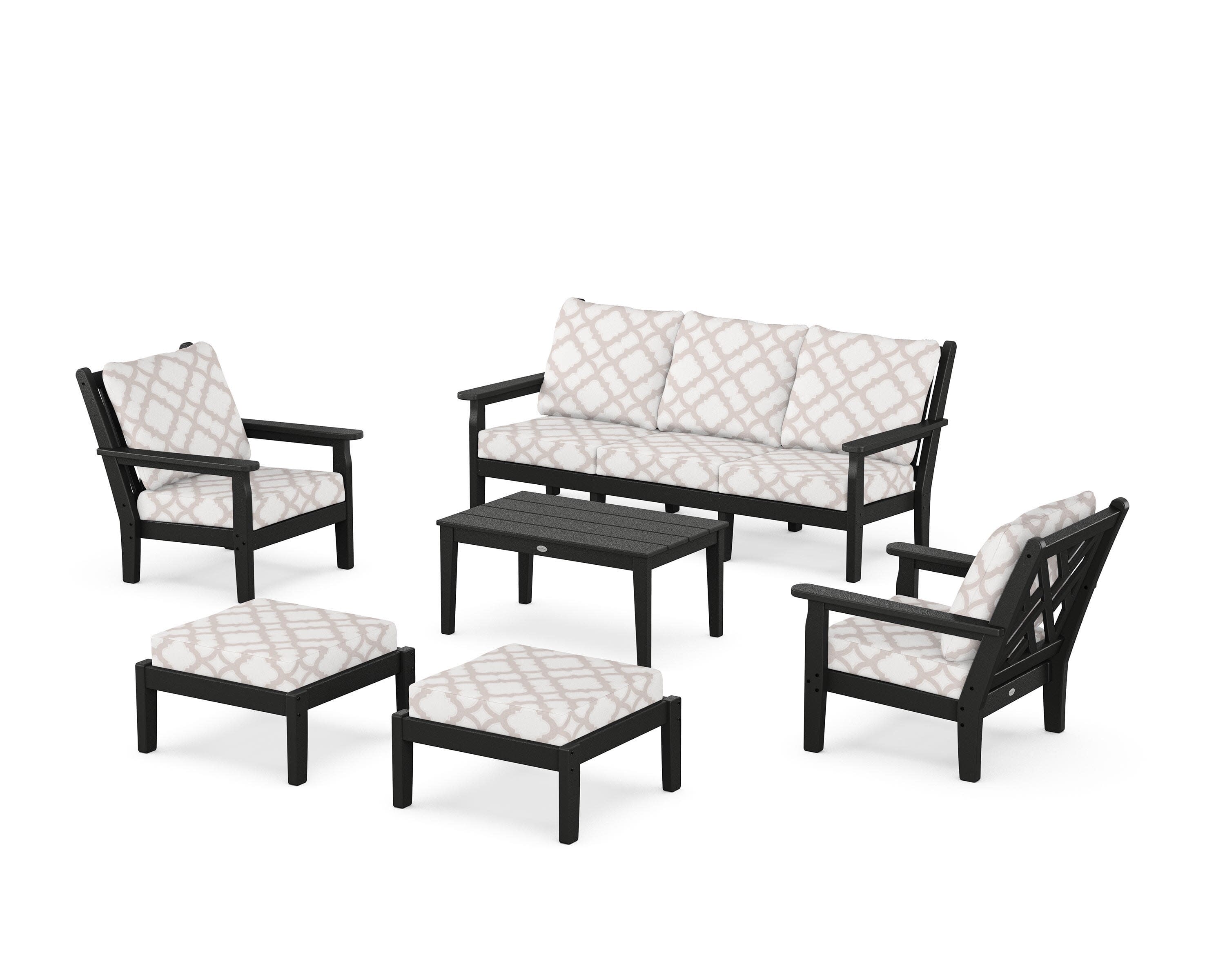 Chippendale 6-Piece Lounge Sofa Set in Black / Trellis Dune Burlap