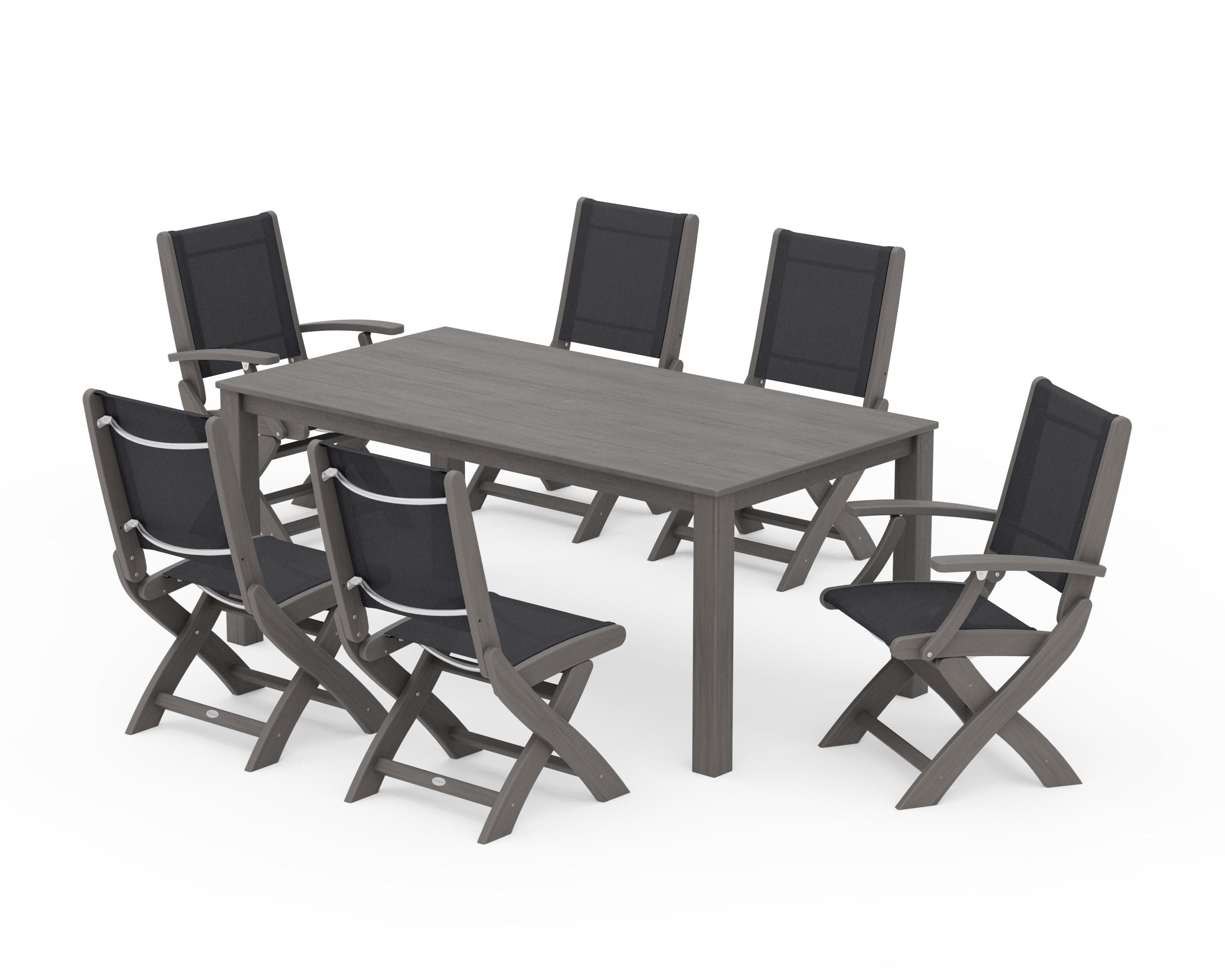 Coastal Folding Chair 7-Piece Parsons Dining Set in Driftwood / Black Sling