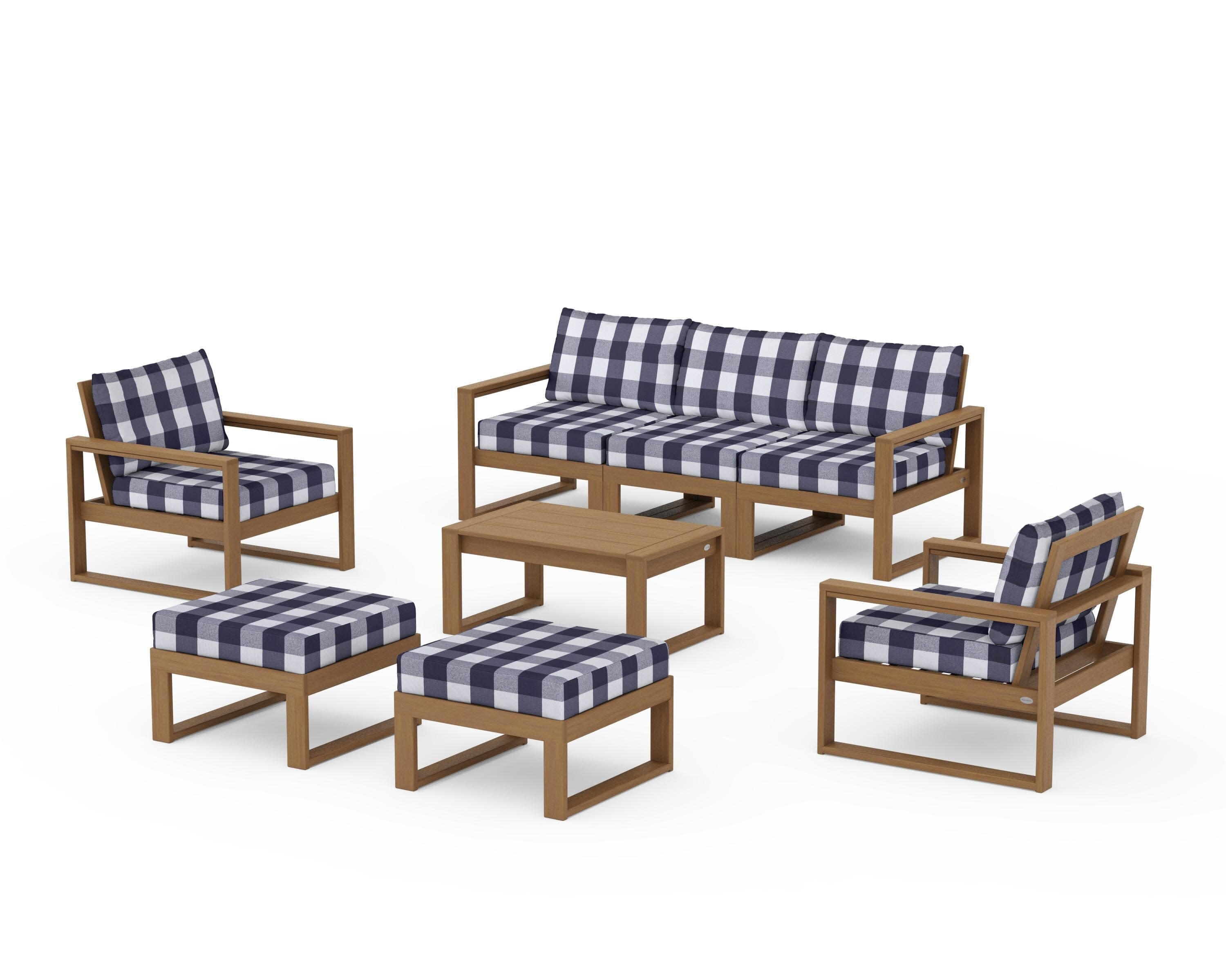 EDGE Sectional 8-Piece Lounge Sofa Set in Natural / Buffalo Plaid Navy