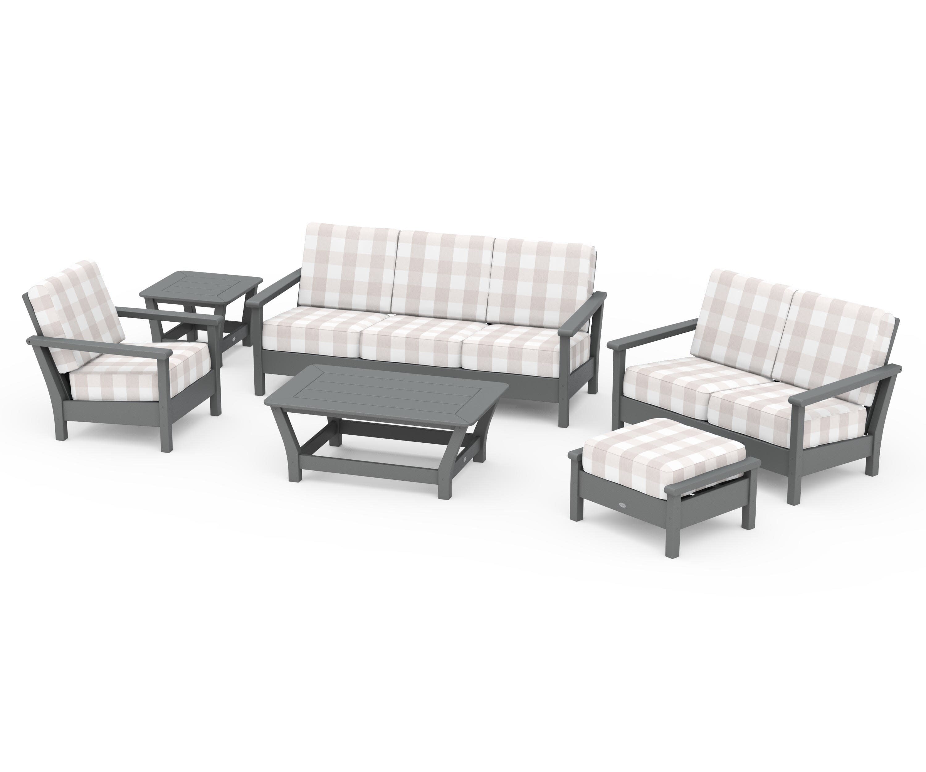 Harbour 6-Piece Outdoor Living Set in Slate Grey / Buffalo Plaid Dune Burlap