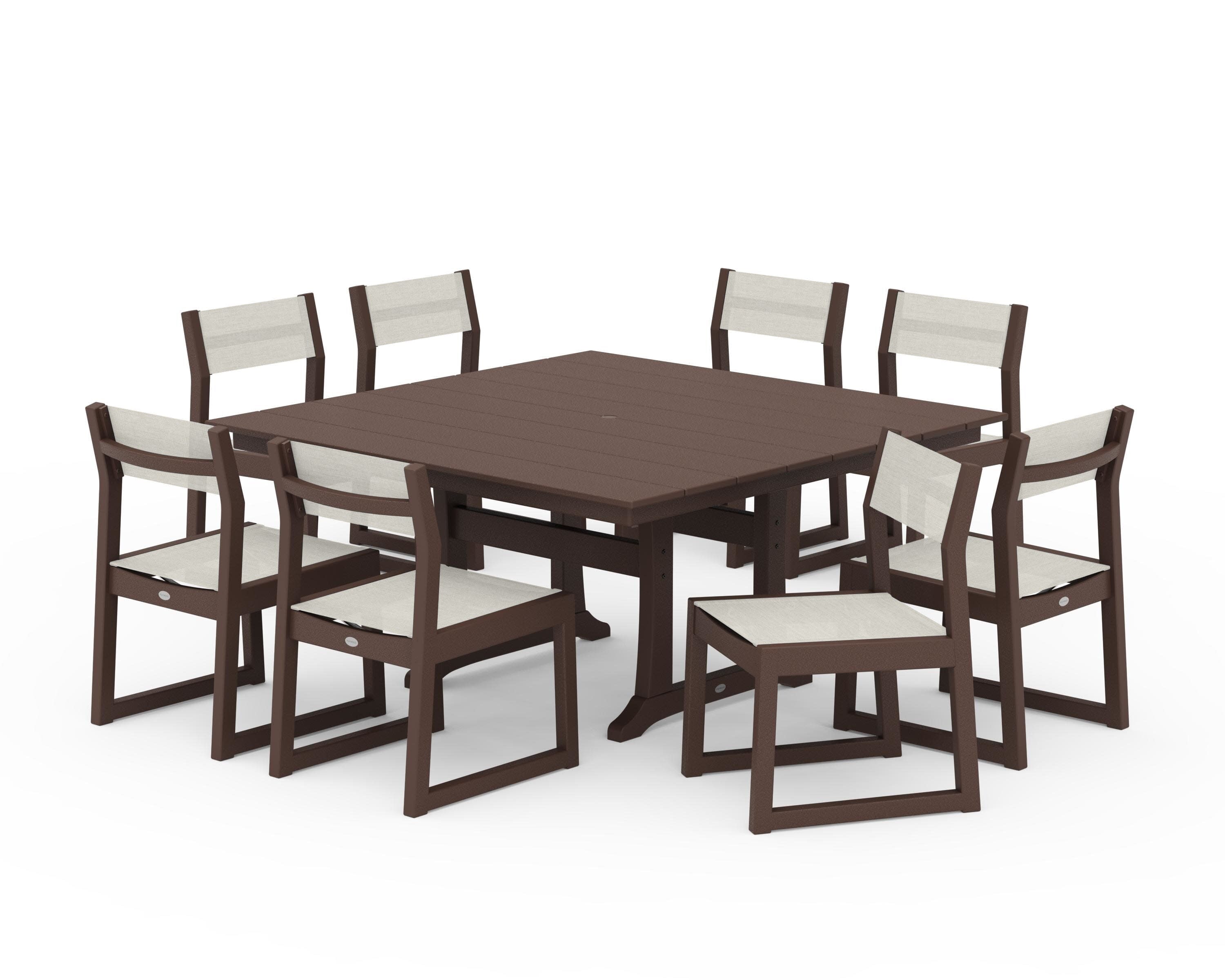 EDGE Sling Side Chair 9-Piece Farmhouse Trestle Dining Set in Mahogany / Parchment Sling