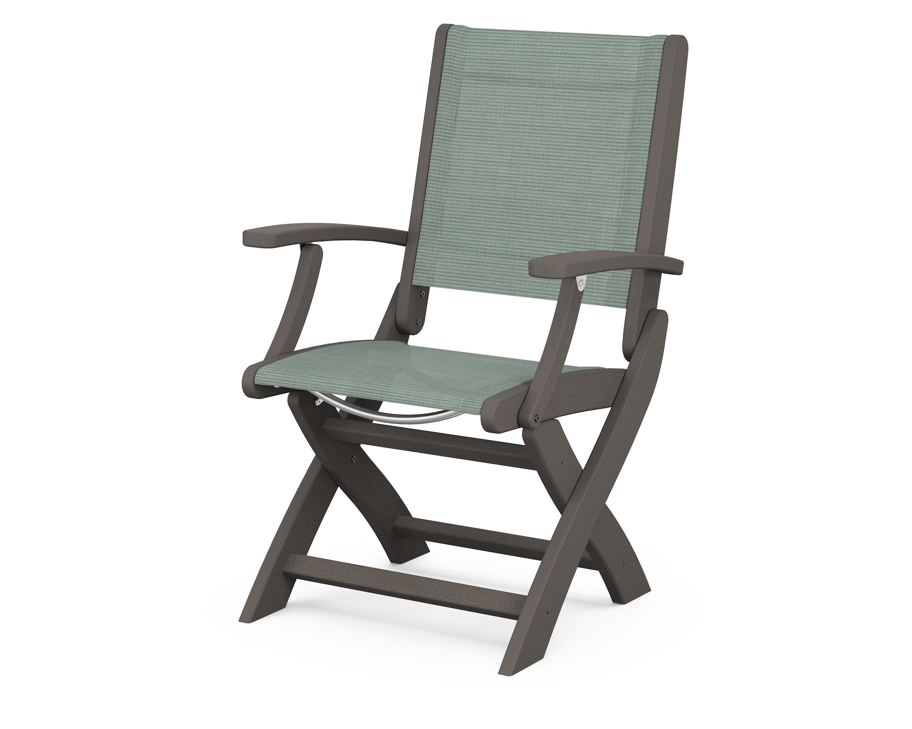 Coastal Folding Chair in Vintage Coffee / Dupioni Sea Mist Sling