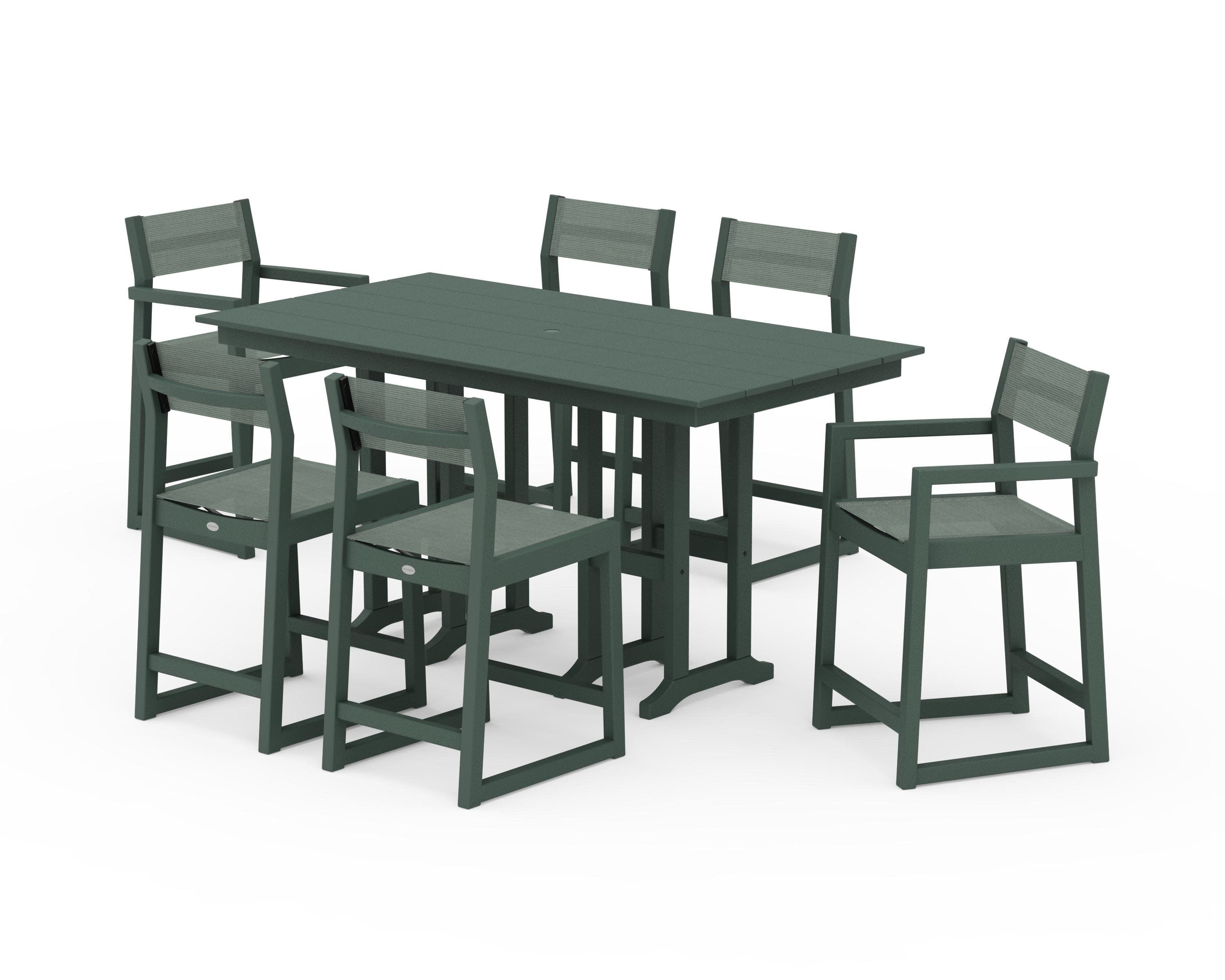 EDGE Sling 7-Piece Farmhouse Counter Set with Trestle Legs in Green / Dupioni Sea Mist Sling