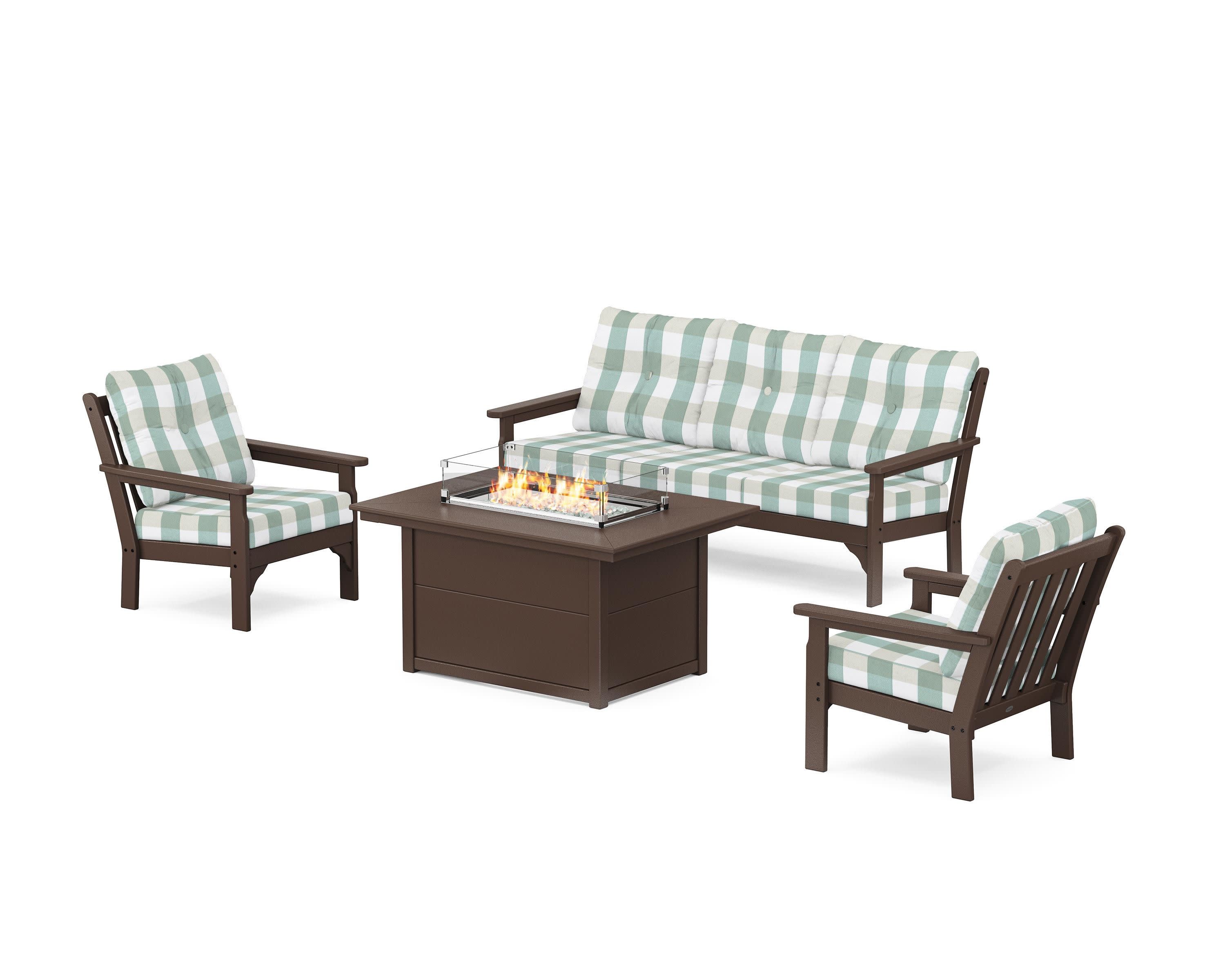 Vineyard Deep Seating Fire Pit Table Set in Mahogany / Buffalo Plaid Glacier Spa