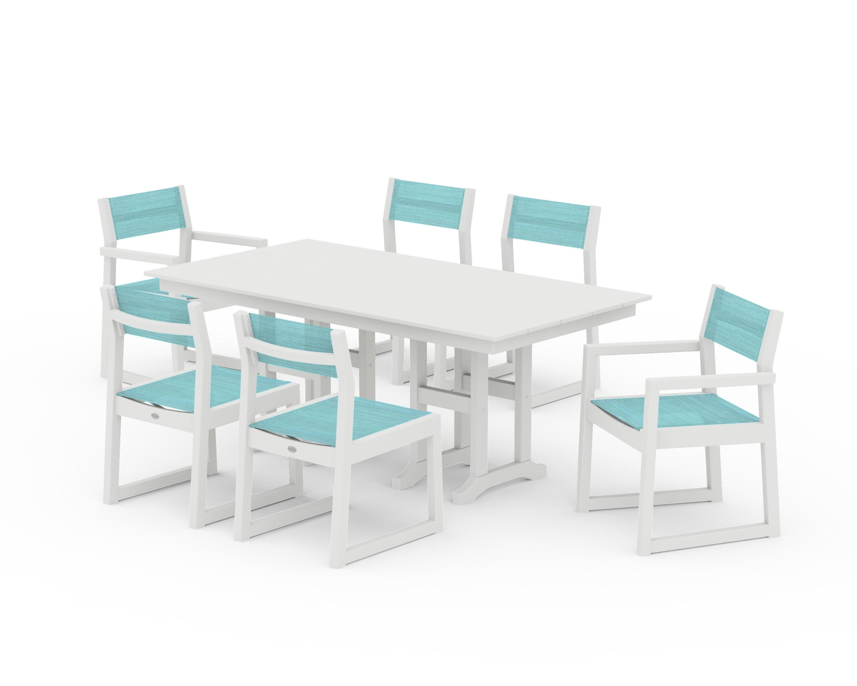 EDGE Sling 7-Piece Farmhouse Dining Set in Vintage White / Dupioni Aquamarine Sling