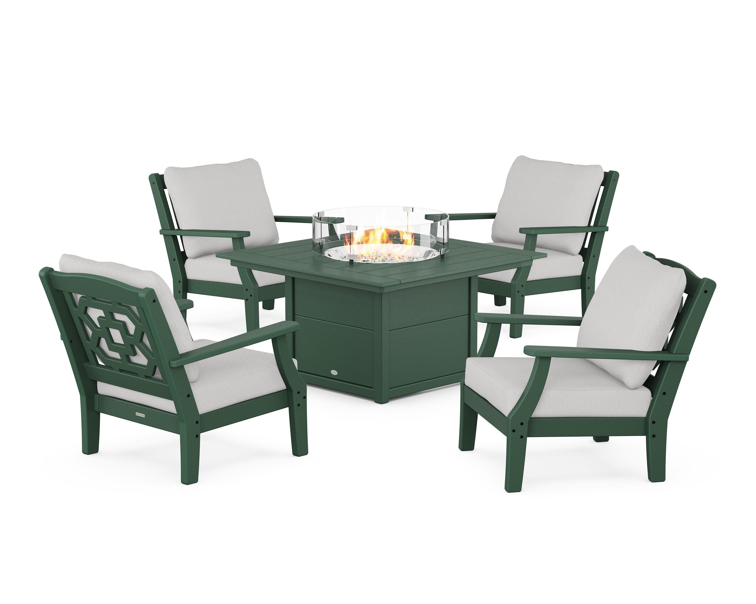 Chinoiserie 5-Piece Deep Seating Set with Fire Pit Table in Green / Diamond in the Rough