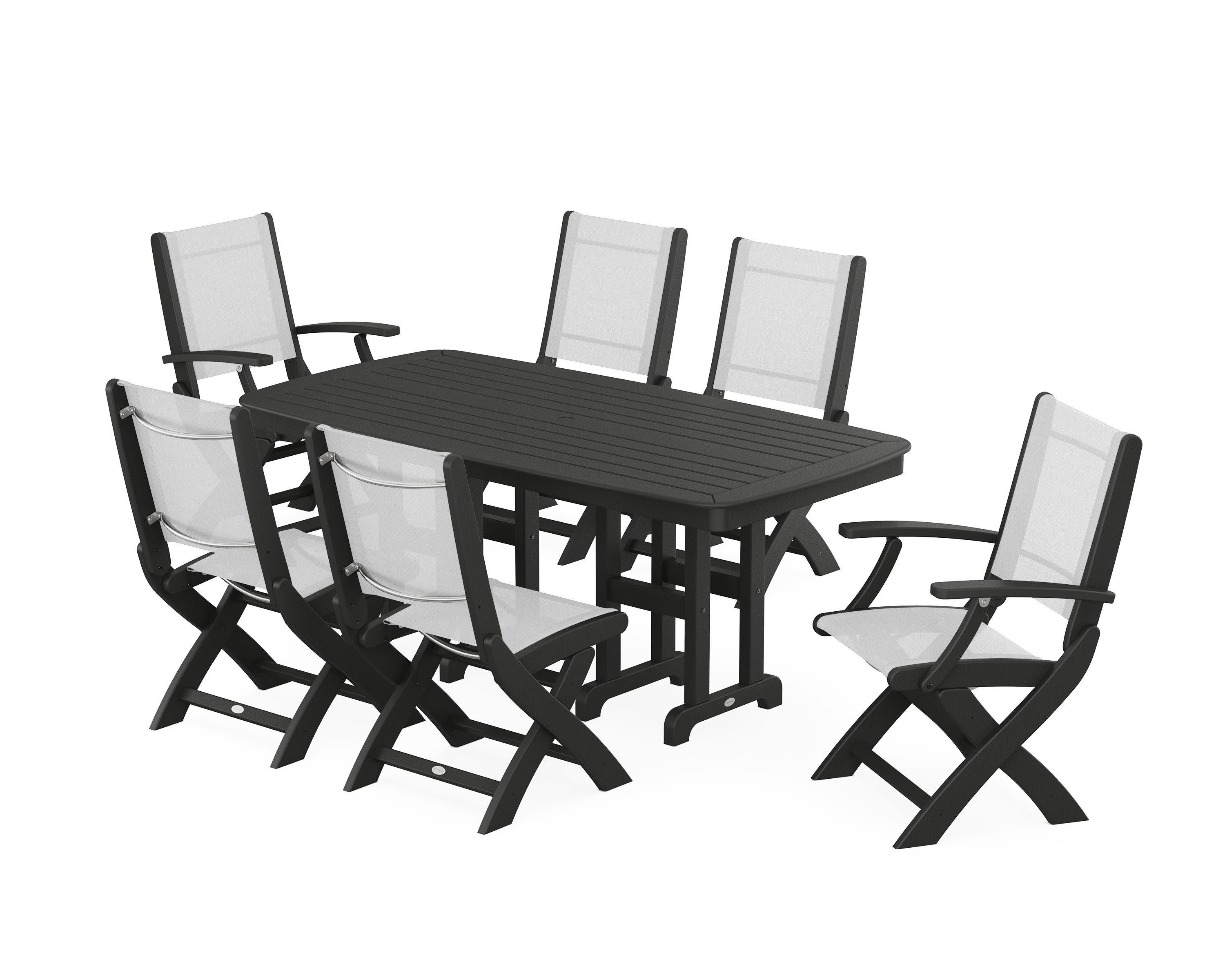 Coastal Folding Chair 7-Piece Dining Set in Black / White Sling