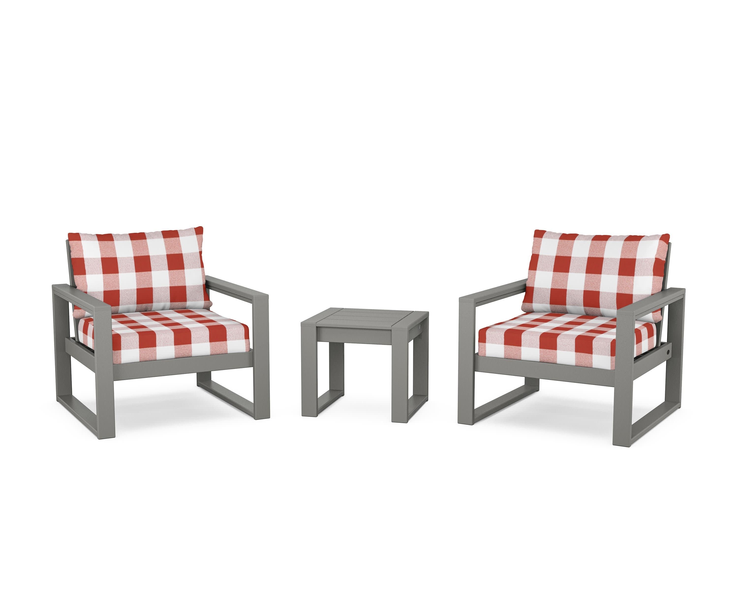 EDGE Sectional 3-Piece Deep Seating Set in Slate Grey / Buffalo Plaid Crimson