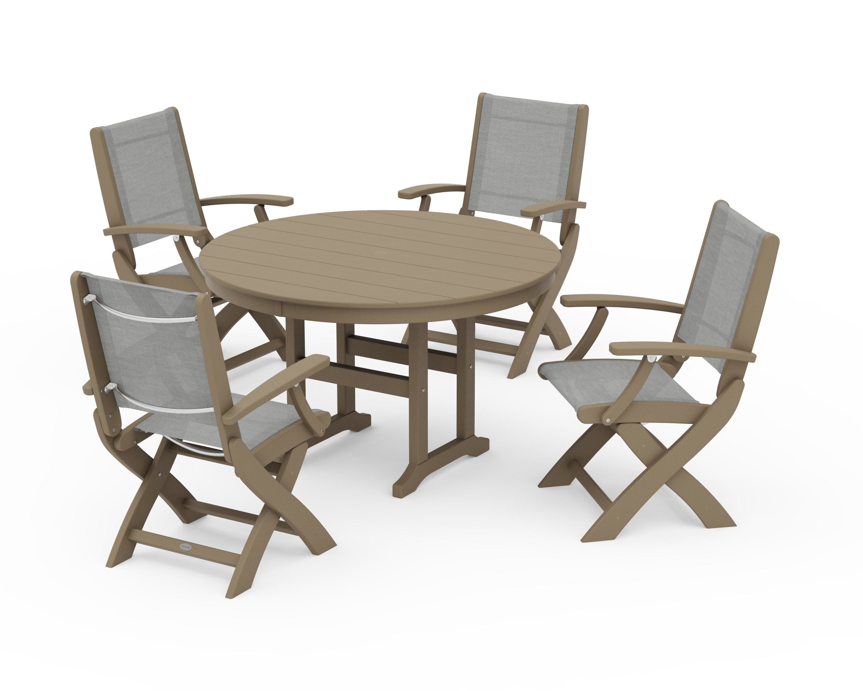 Coastal Folding Chair 5-Piece Round Dining Set in Vintage Sahara / Metallic Sling