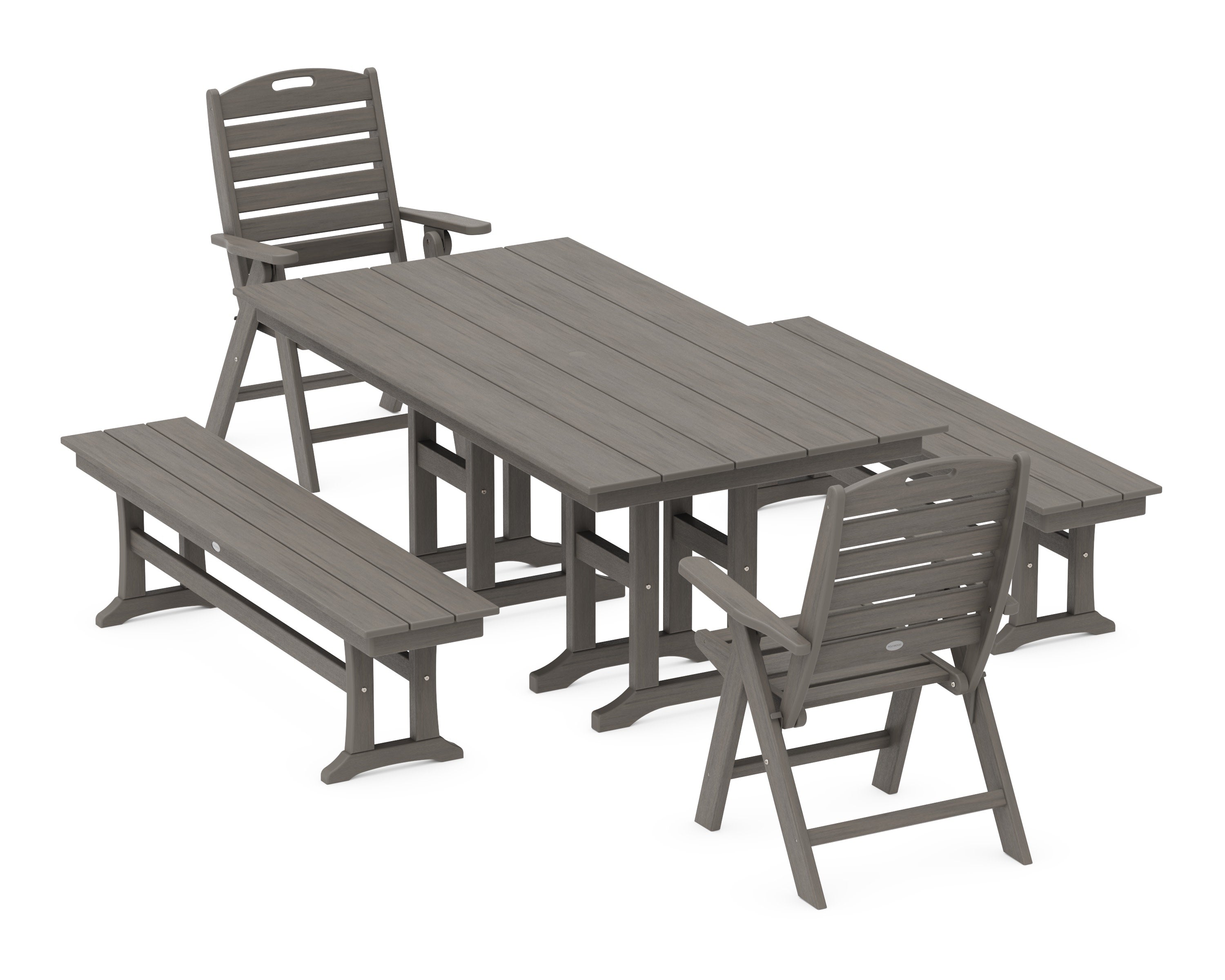 Nautical Highback 5-Piece Farmhouse Dining Set with Benches in Driftwood