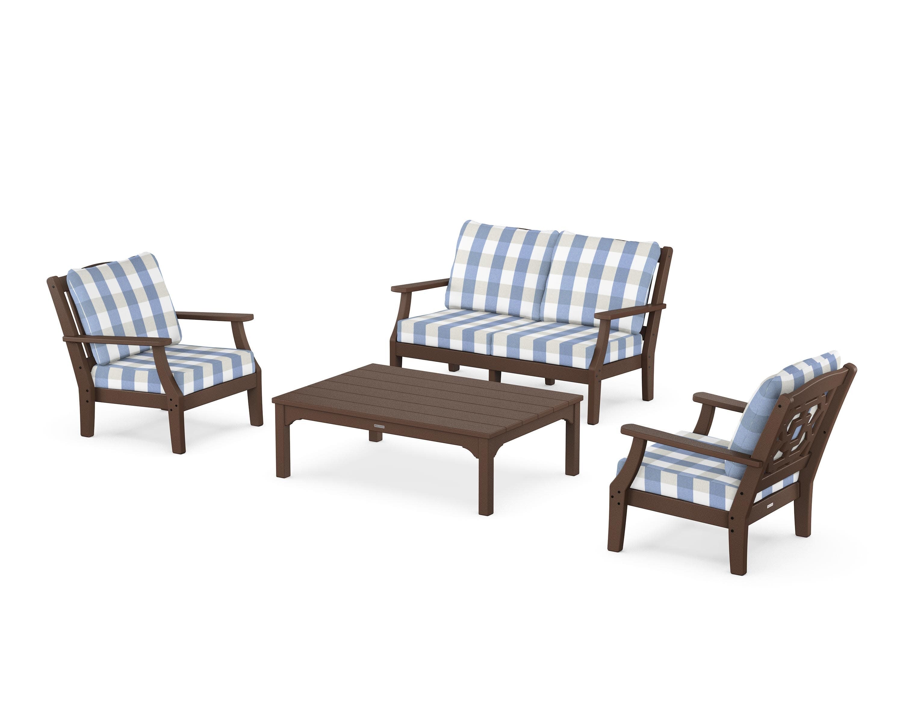 Chinoiserie 4-Piece Deep Seating Set with Loveseat in Mahogany / Buffalo Plaid Sky Blue