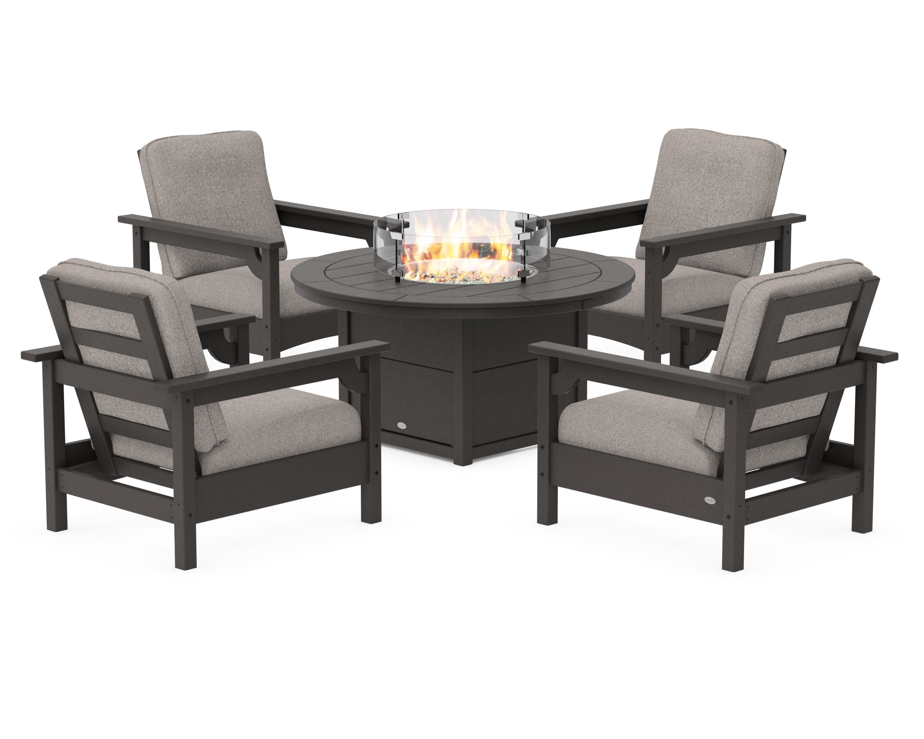 Club 5-Piece Conversation Set with Fire Pit Table in Vintage Coffee / Weathered Tweed