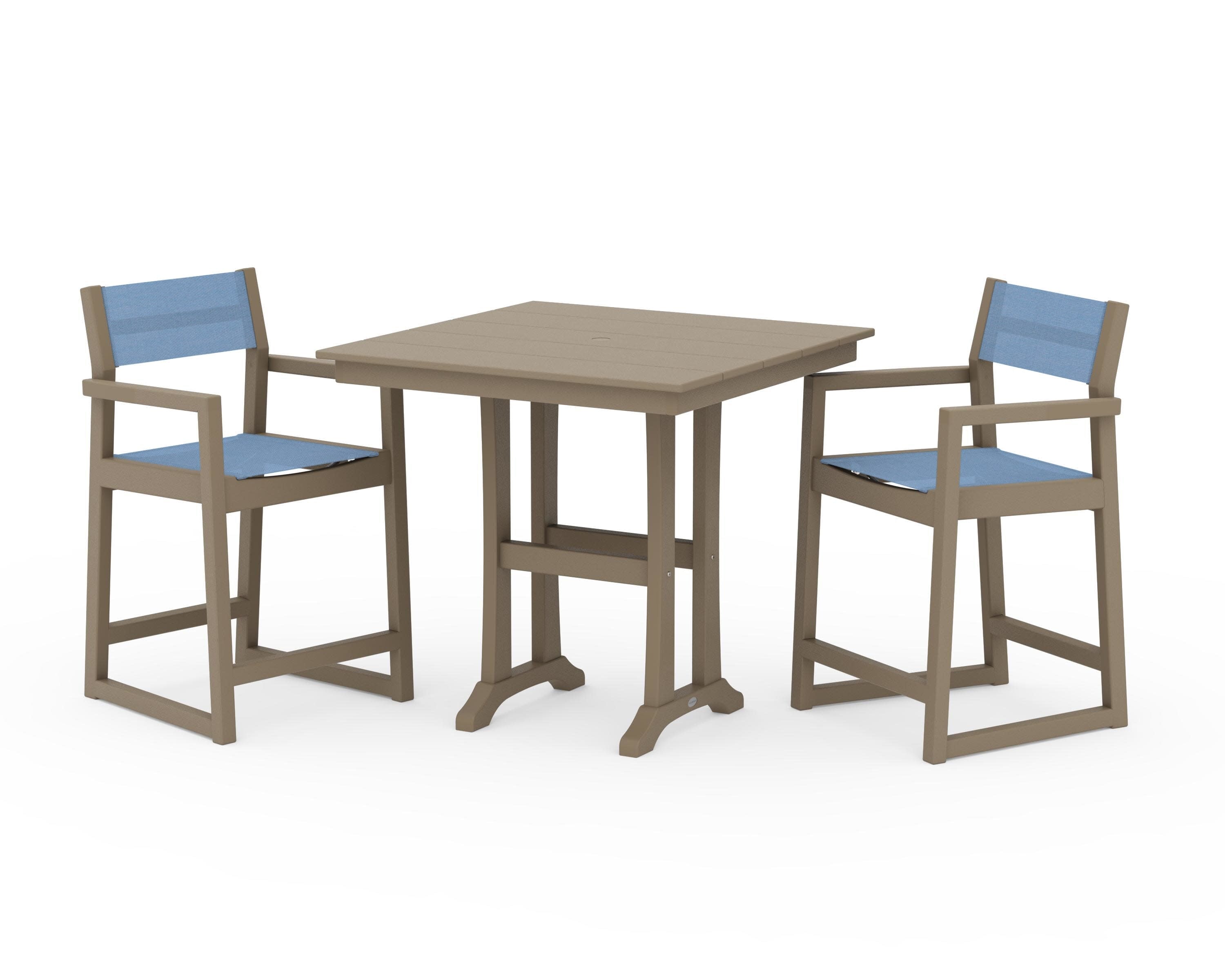 EDGE Sling Arm Chair 3-Piece Farmhouse Counter Set with Trestle Legs in Vintage Sahara / Poolside Sling