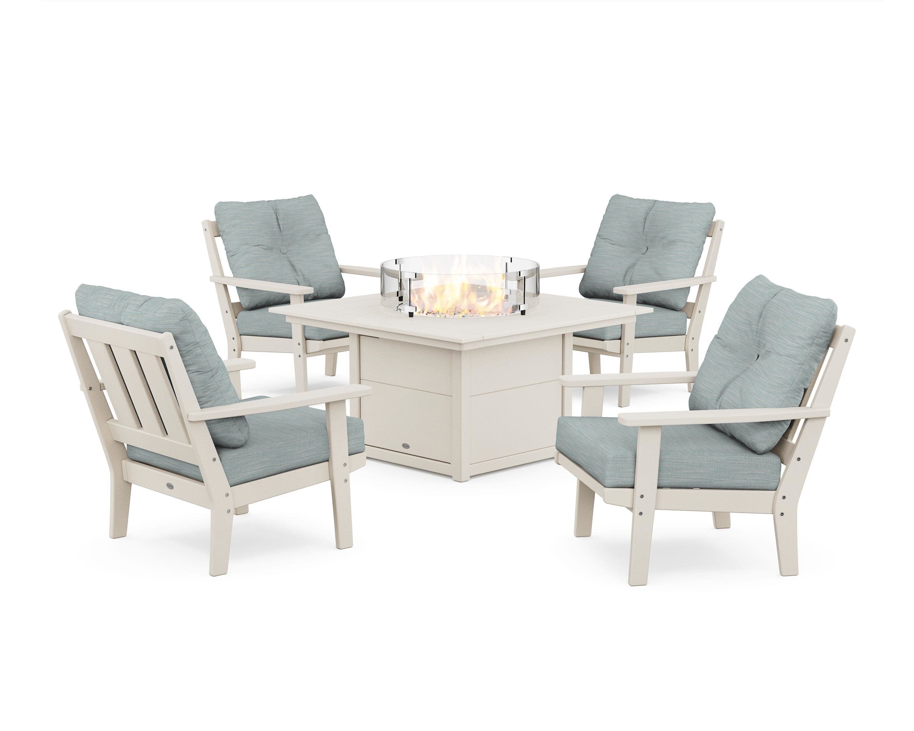 Oxford 5-Piece Deep Seating Set with Fire Pit Table in Sand / Soothe Mist